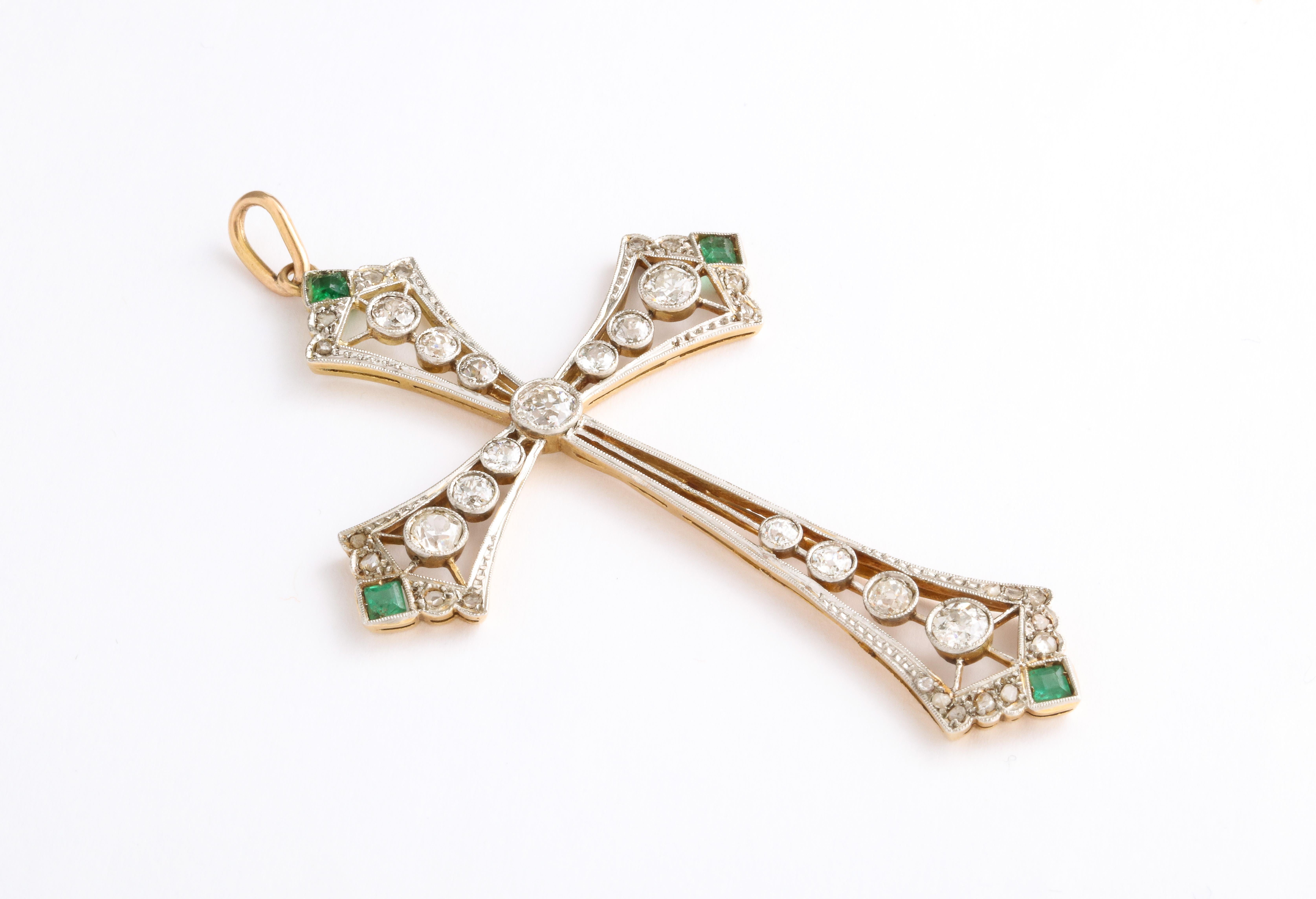 Edwardian Diamond Cross With Emerald Accents For Sale 1