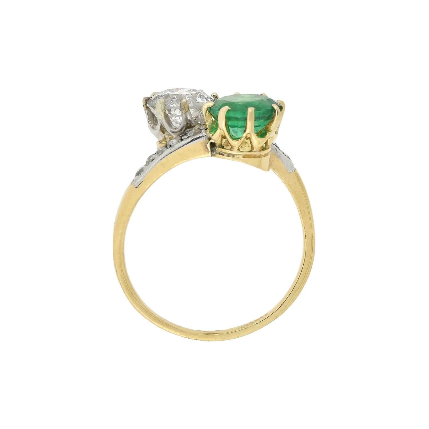 Edwardianischer Diamant und Smaragd Moi Et Toi (Alteuropäischer Schliff)