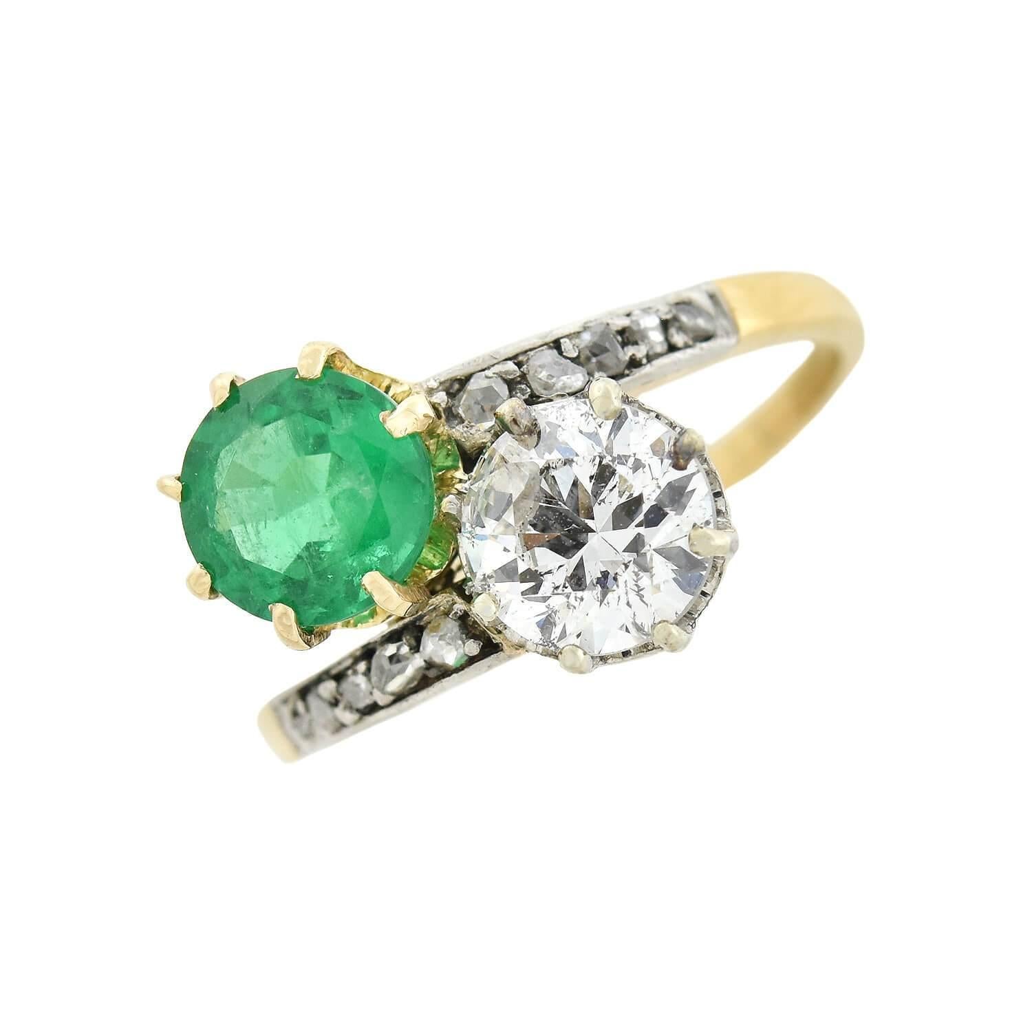 Edwardianischer Diamant und Smaragd Moi Et Toi im Zustand „Gut“ in Narberth, PA