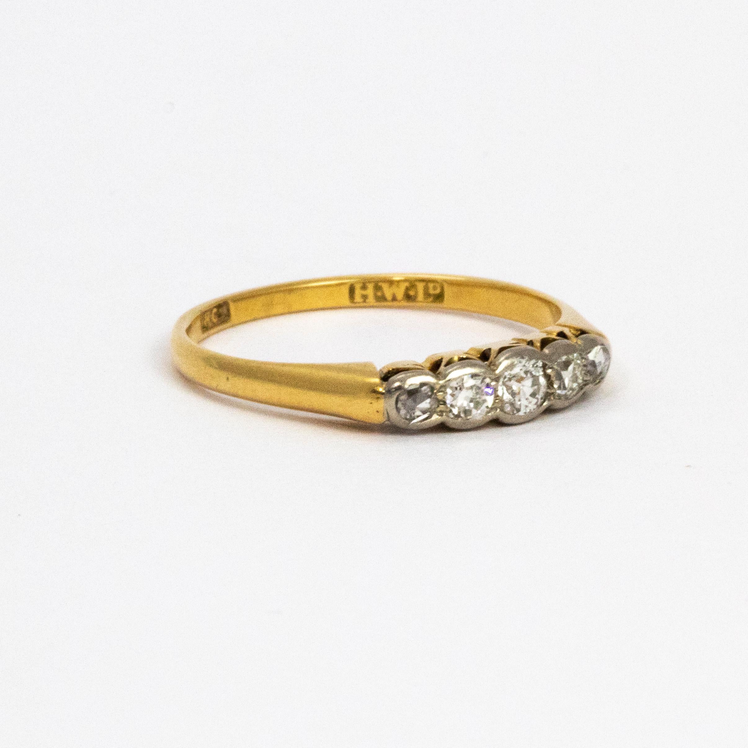 Edwardian 18 Karat Gold Platinum Five-Stone Diamond Ring 1