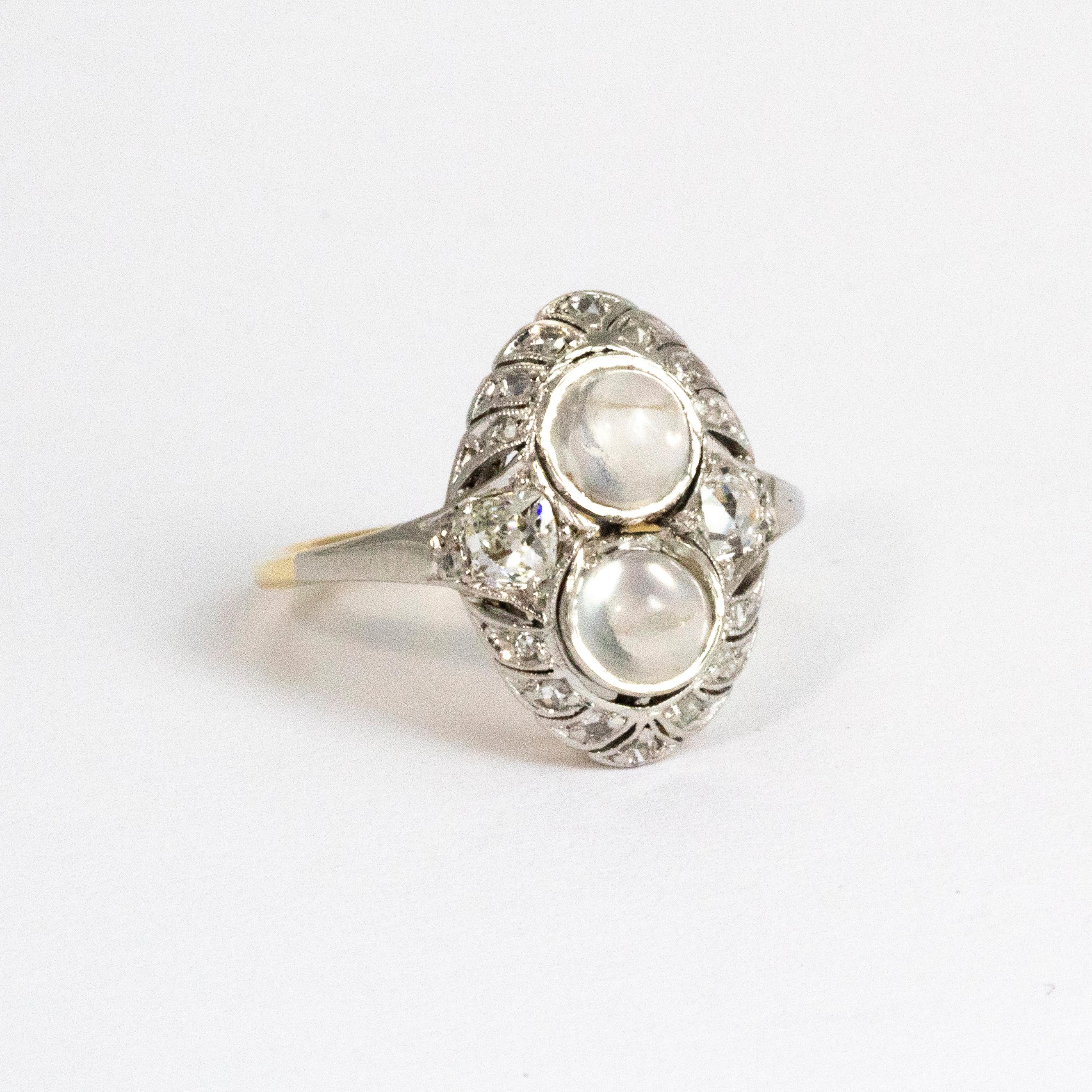 Women's or Men's Edwardian Diamond and Moonstone 14 Carat Gold and Platinum Ring