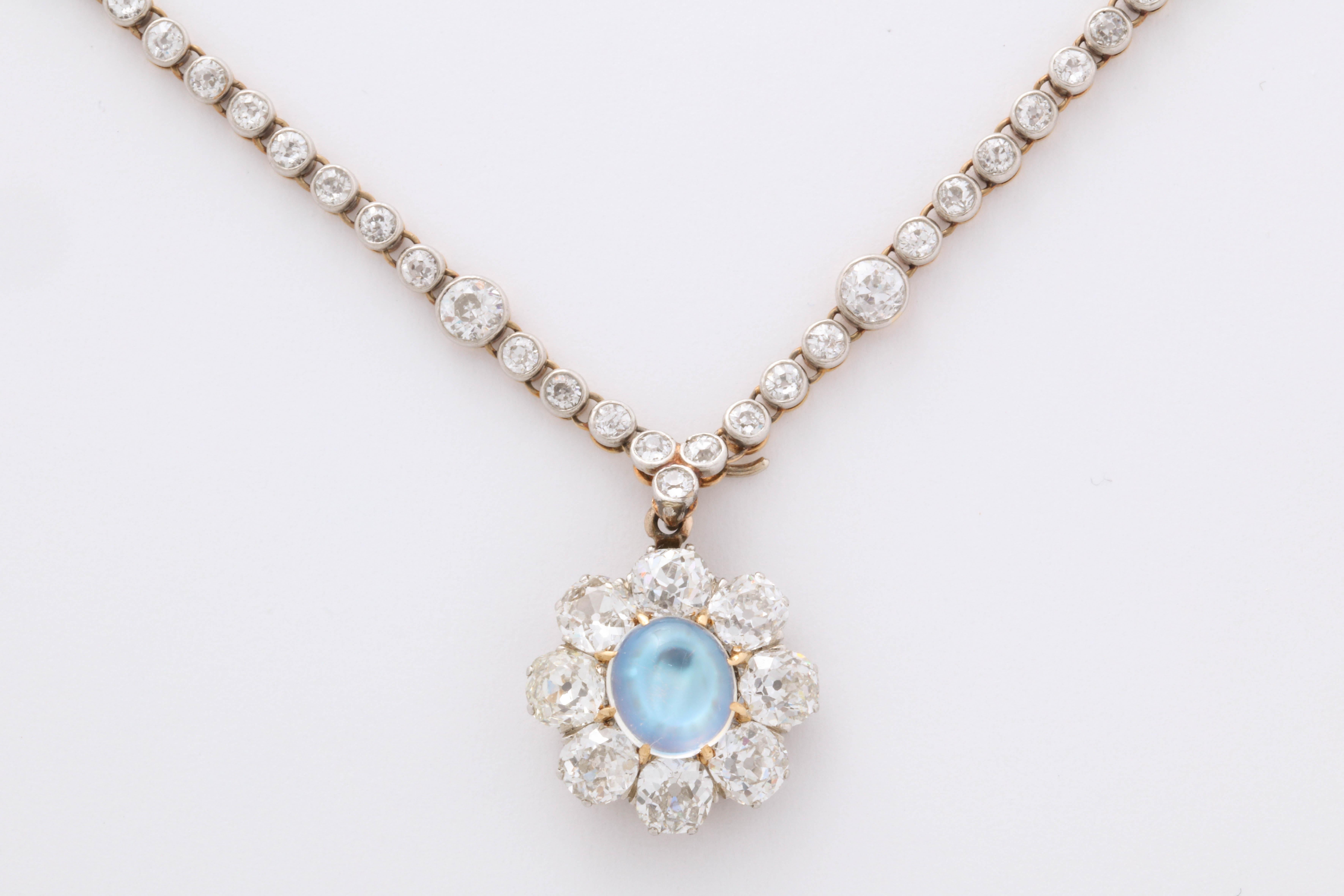 Old Mine Cut Edwardian Diamond and Moonstone Necklace For Sale