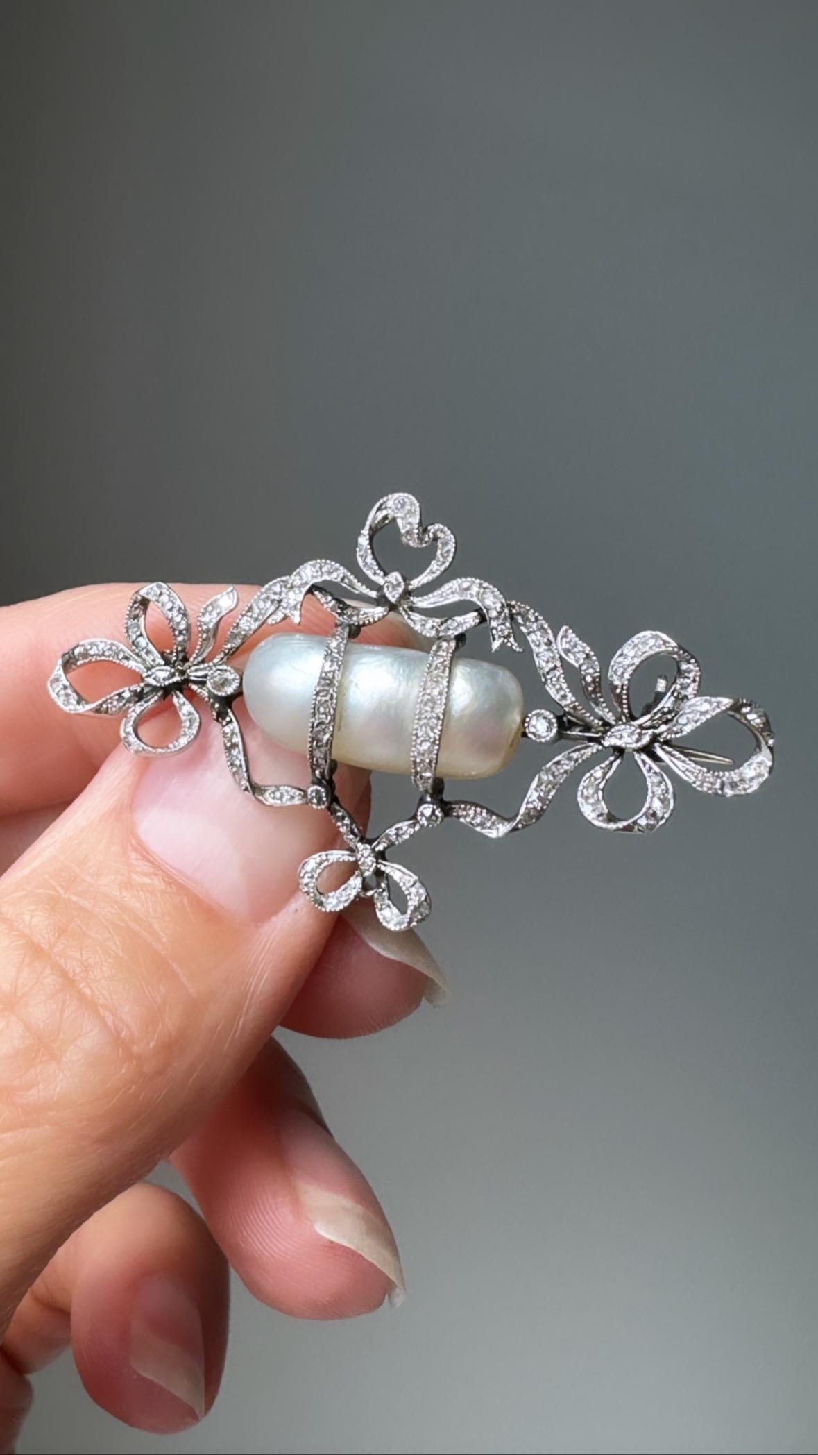Rose Cut Edwardian Diamond and Natural Pearl Bow Brooch - GIA For Sale