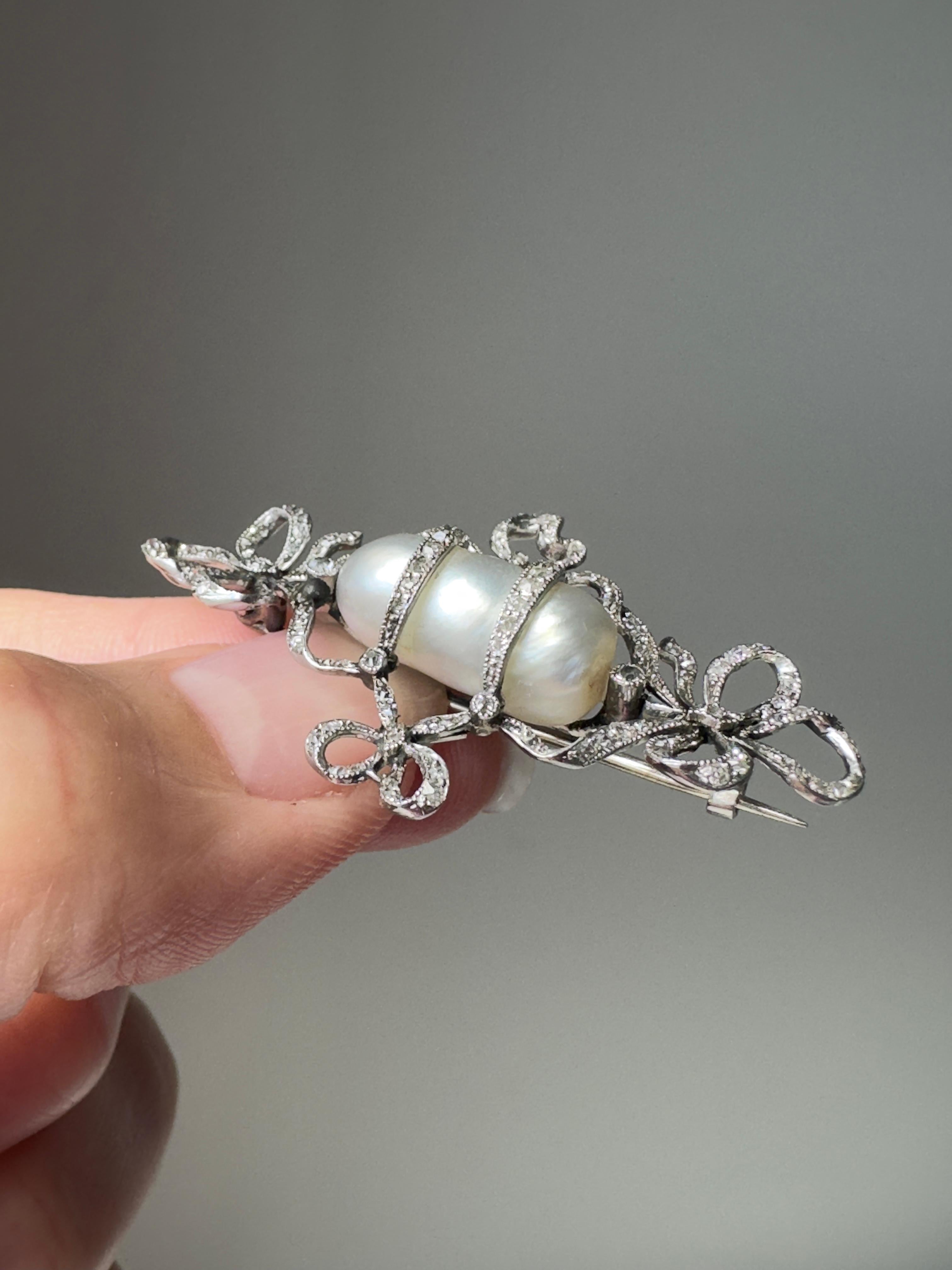 Edwardian Diamond and Natural Pearl Bow Brooch - GIA In Good Condition For Sale In Hummelstown, PA