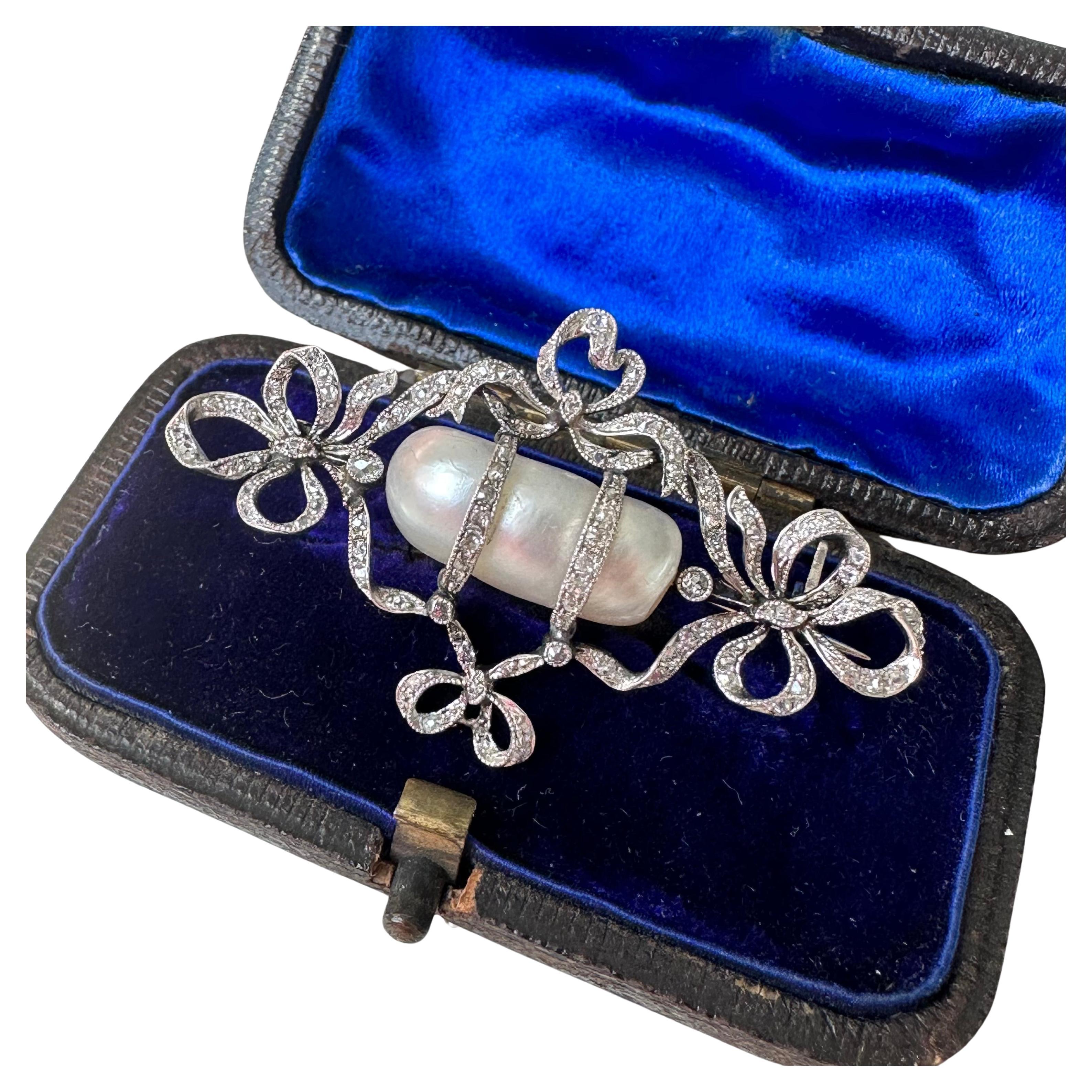 Edwardian Diamond and Natural Pearl Bow Brooch - GIA