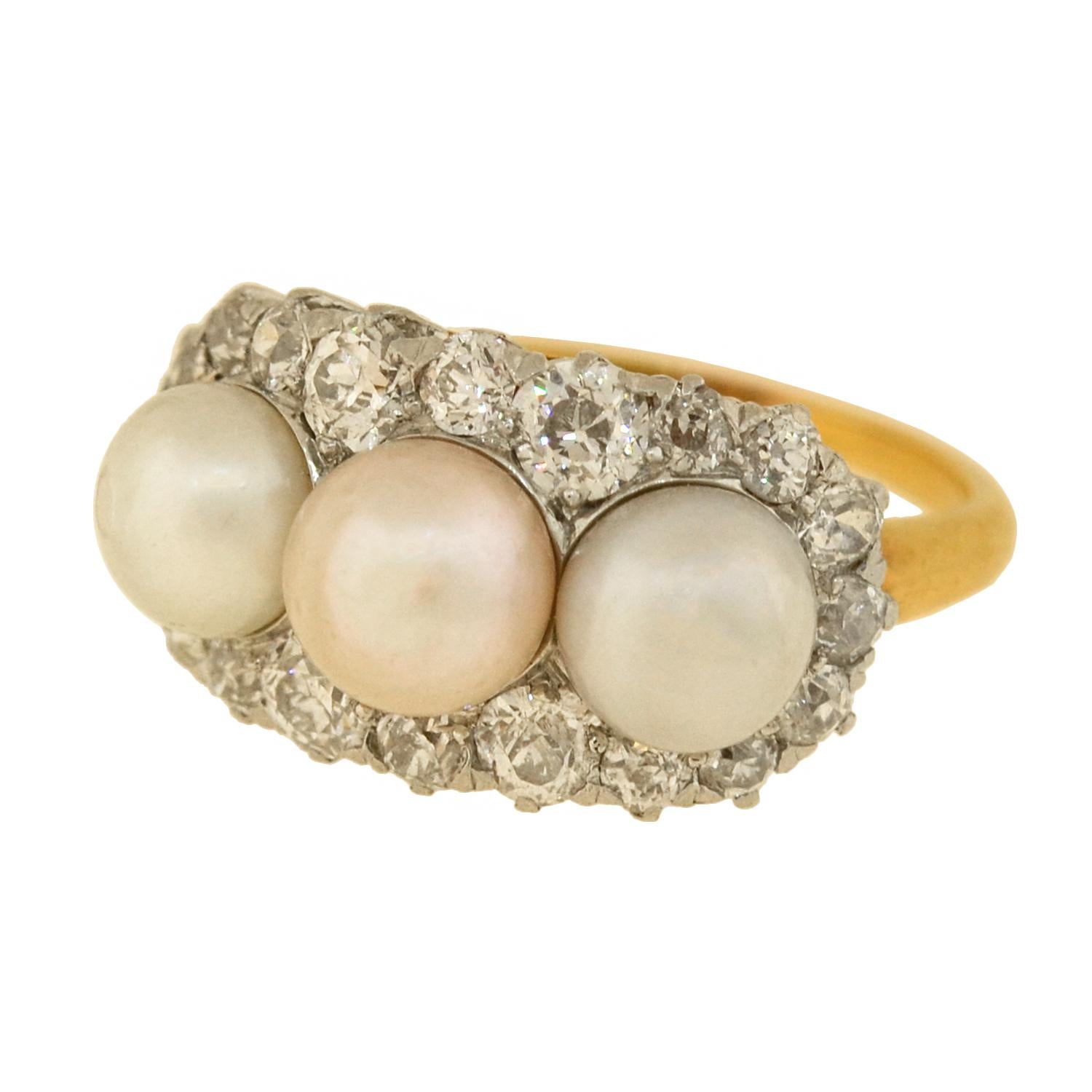 Old Mine Cut Edwardian Diamond and Natural Pearl Trio Ring