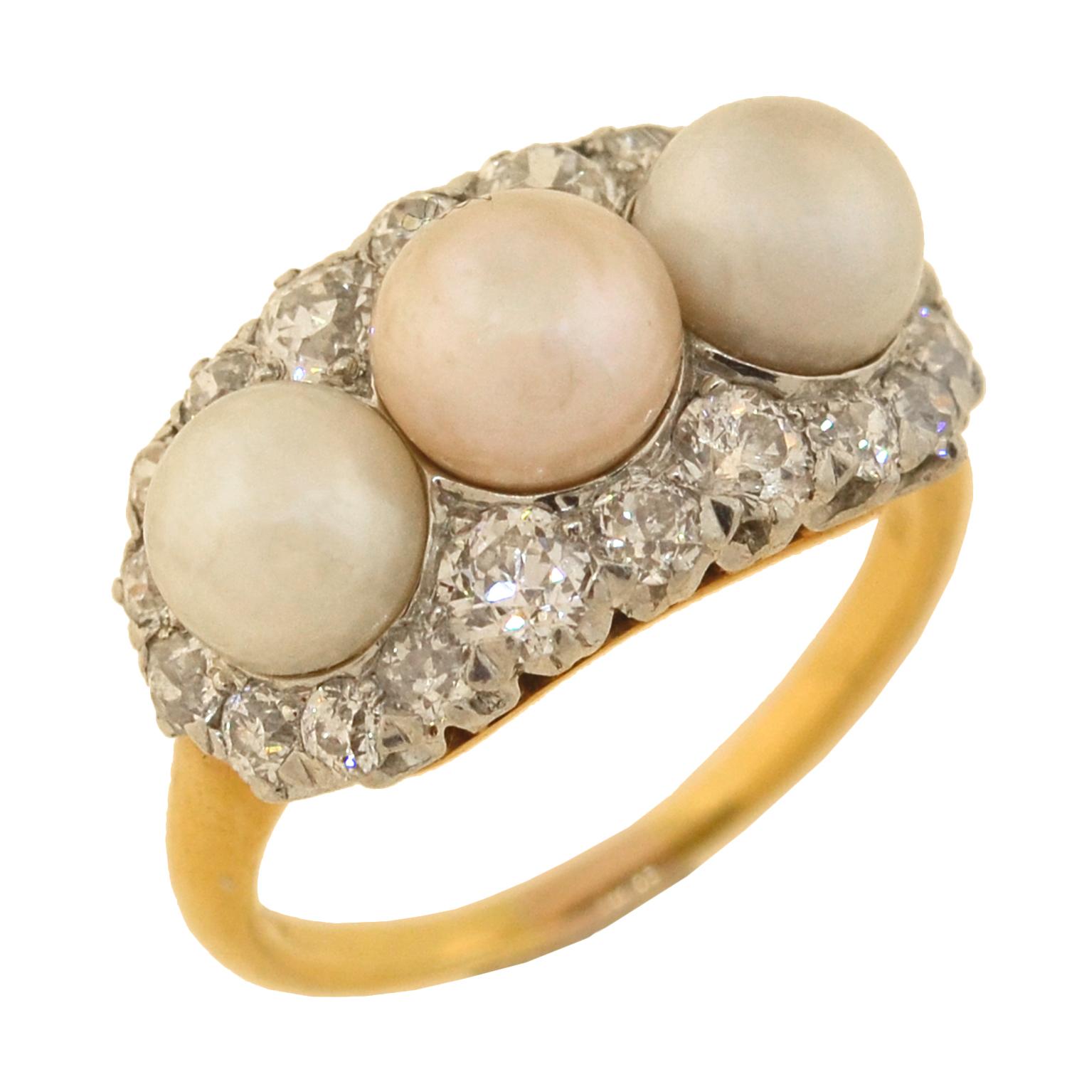 Women's Edwardian Diamond and Natural Pearl Trio Ring