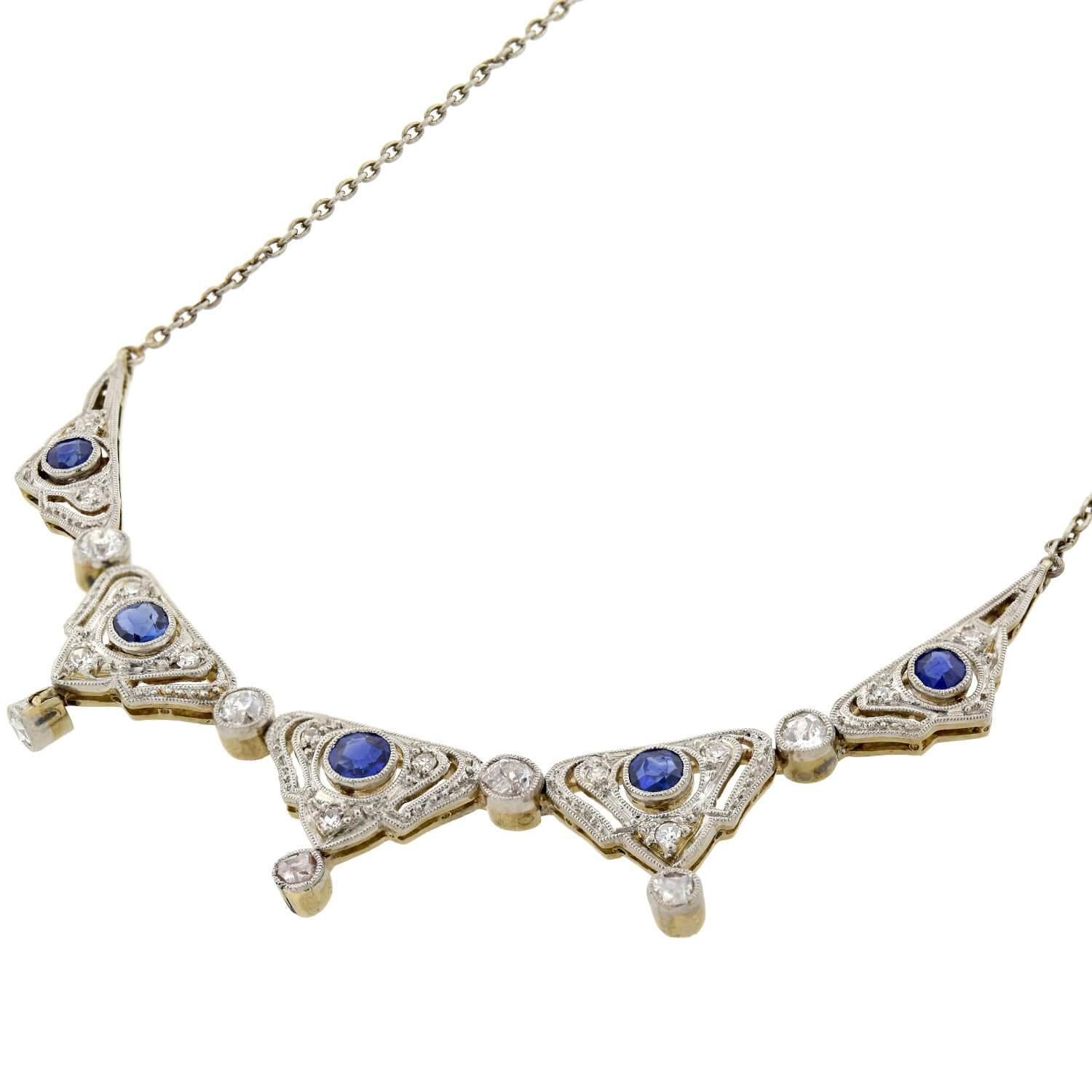 Round Cut Edwardian Diamond and Natural Sapphire Necklace For Sale