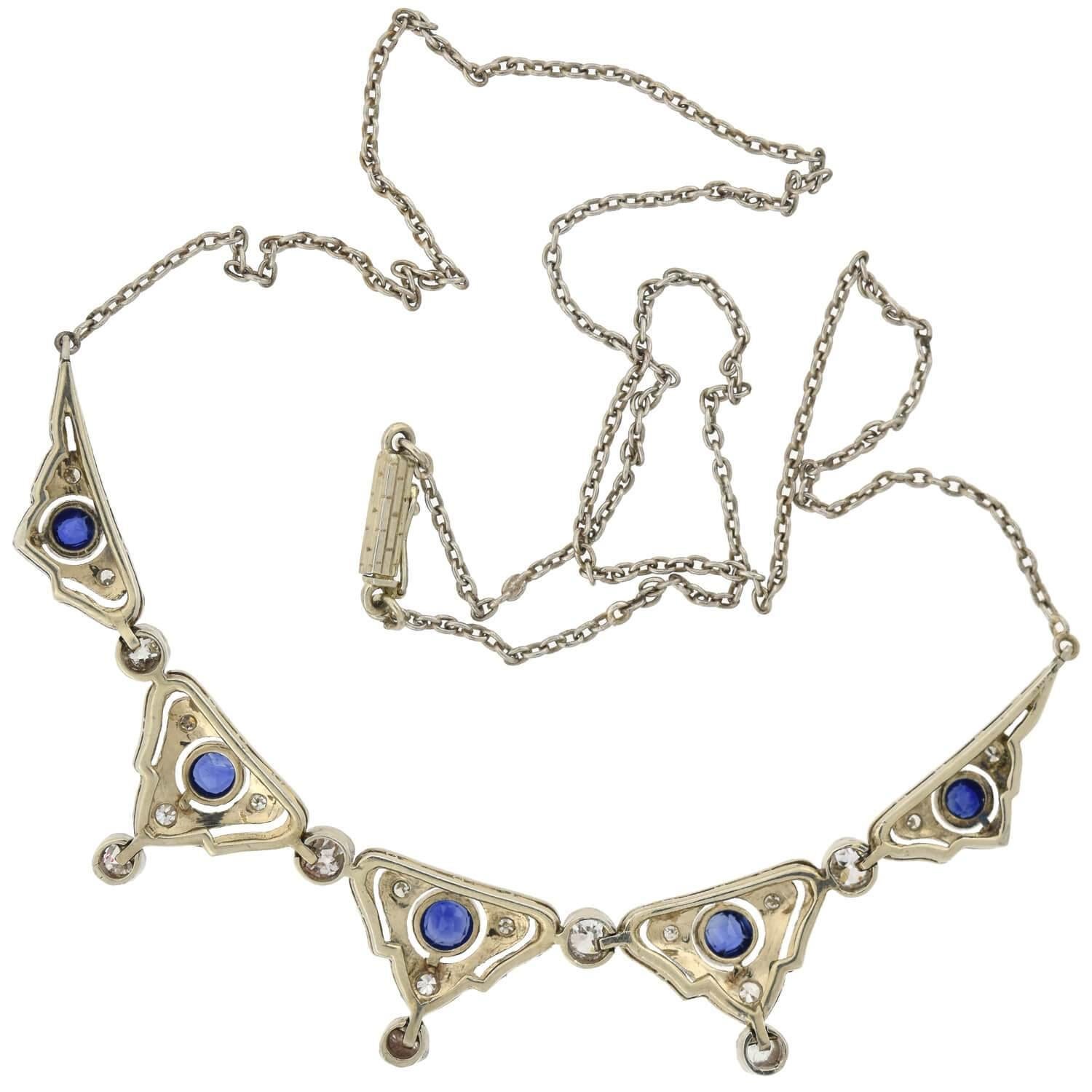 Women's Edwardian Diamond and Natural Sapphire Necklace For Sale