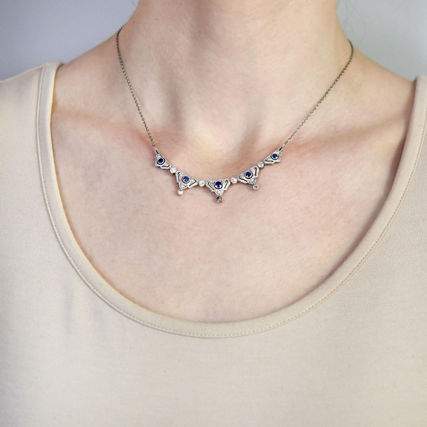 Edwardian Diamond and Natural Sapphire Necklace For Sale 1