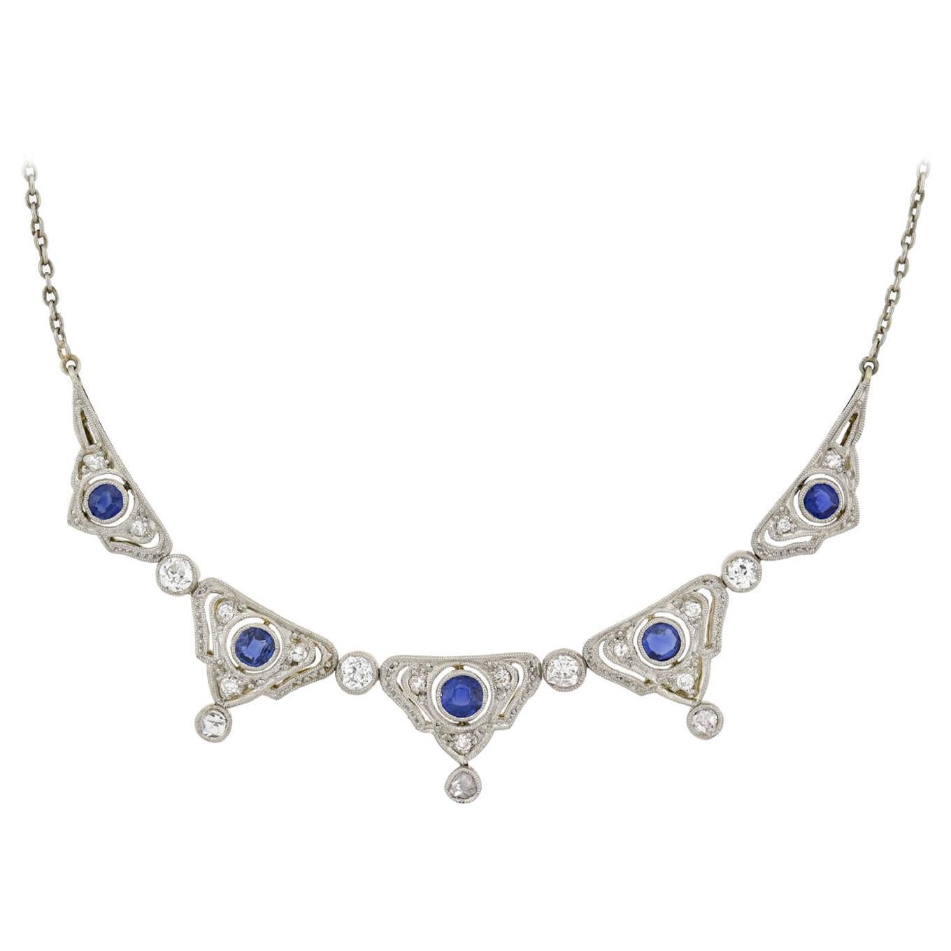 Edwardian Diamond and Natural Sapphire Necklace For Sale