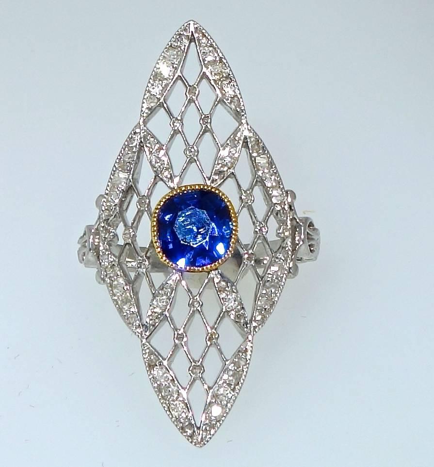 Edwardian Diamond and Natural Unheated Fine Sapphire Ring In Excellent Condition In Aspen, CO