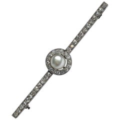 Edwardian Diamond and Pearl 18 Carat White Gold Bar Brooch Edwardian Diamond and Pearl 18 Carat White Gold Bar Brooch