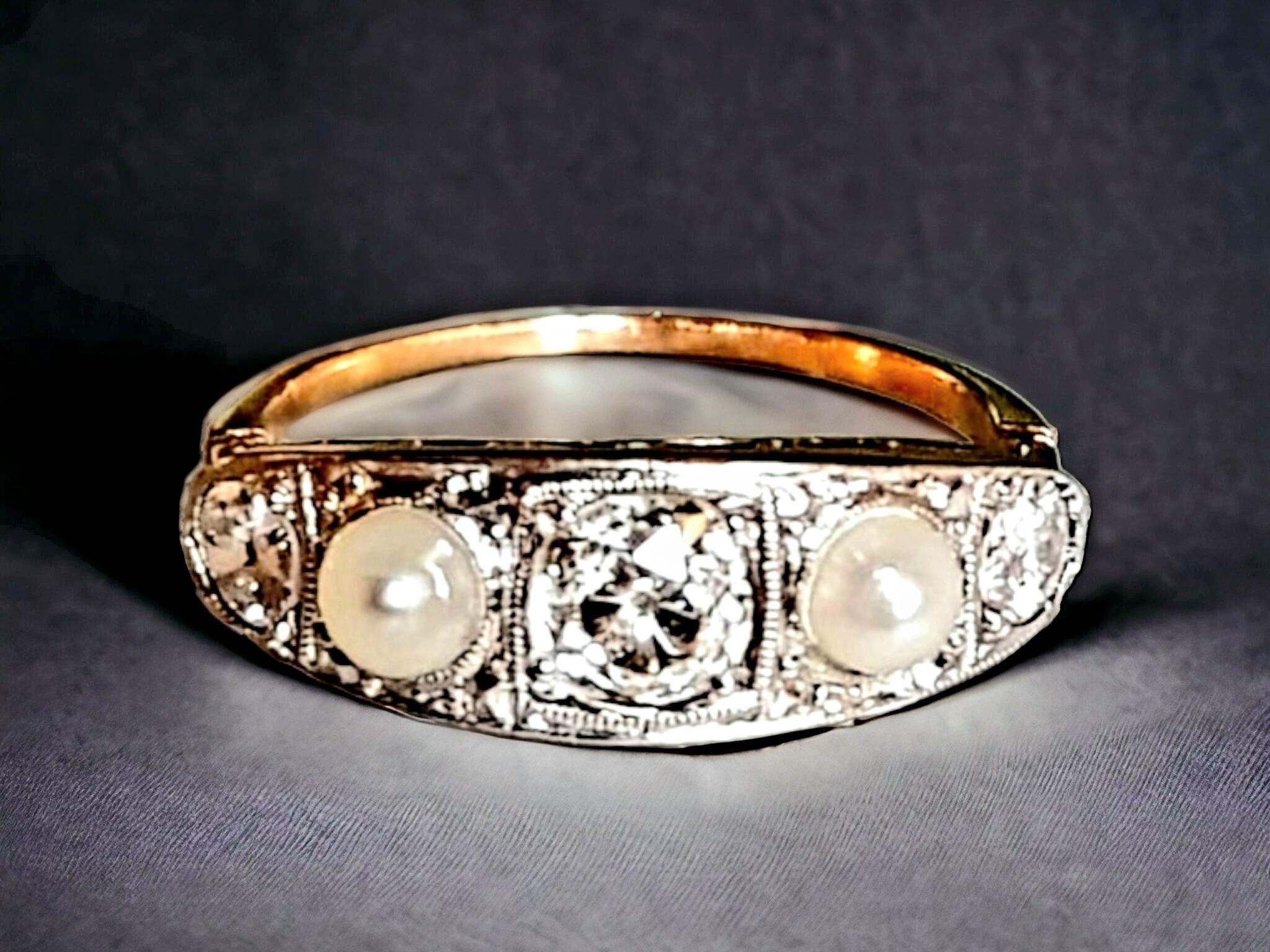 Édouardien Bague édouardienne à cinq pierres en diamant et perle (1901-1915) en vente
