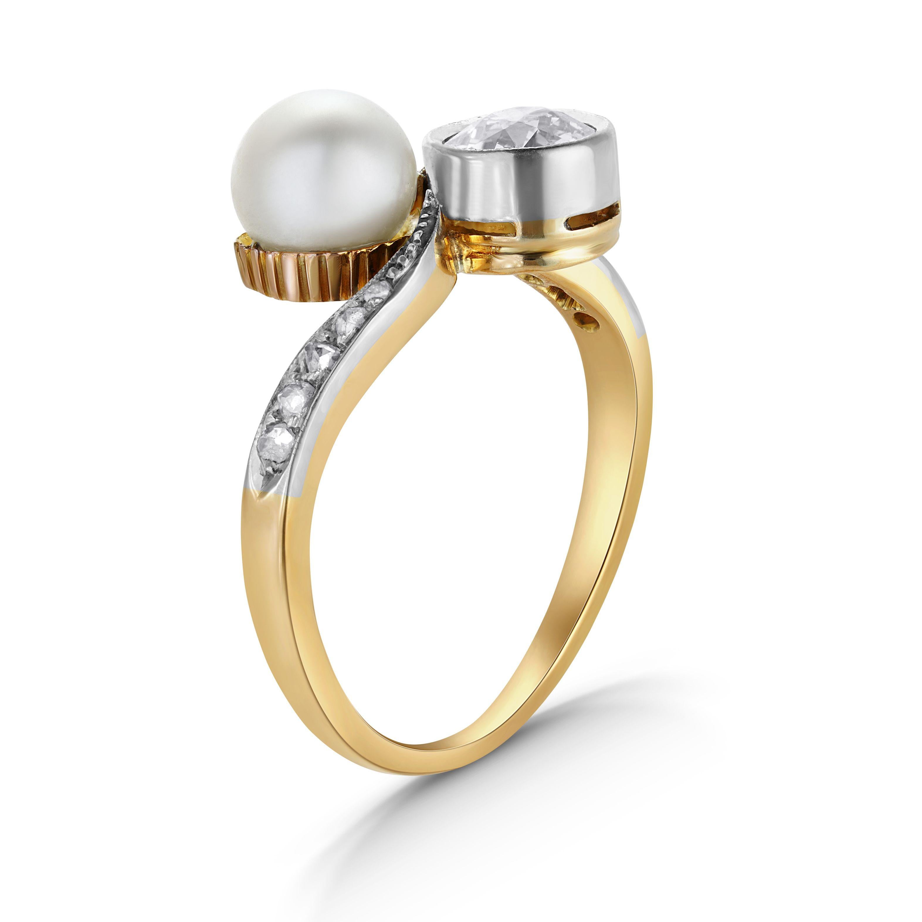 Mixed Cut Edwardian Diamond and Pearl Gold Crossover Ring Estate Fine Jewelry For Sale