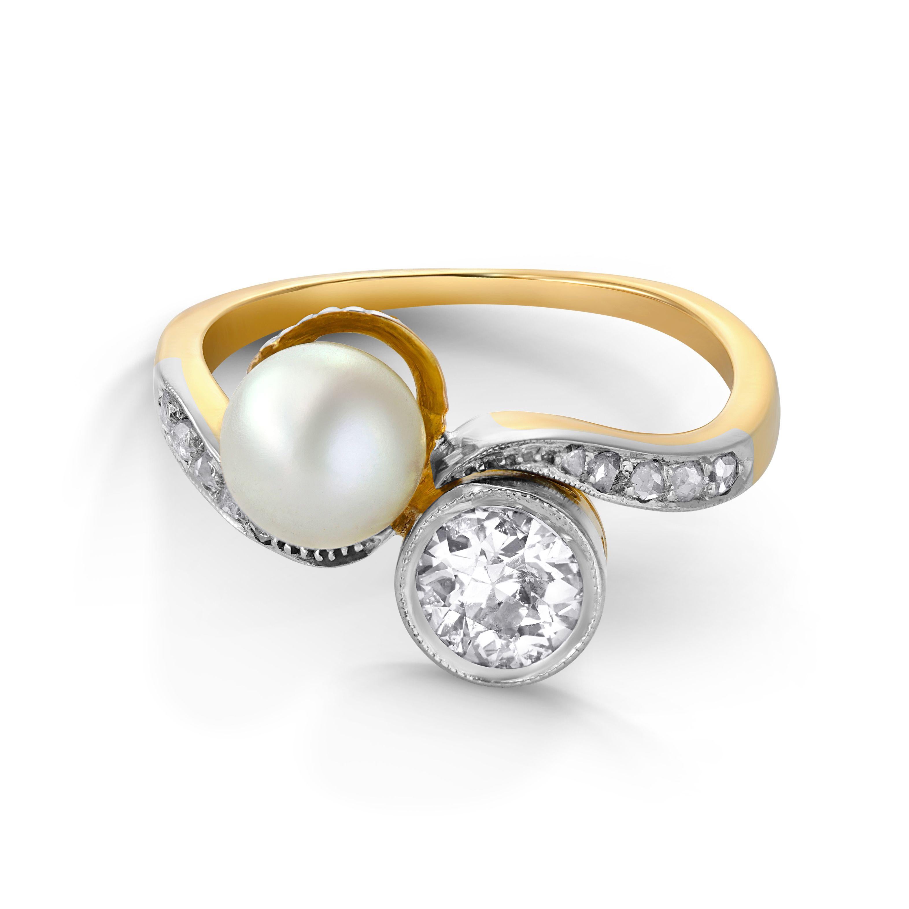 Women's Edwardian Diamond and Pearl Gold Crossover Ring Estate Fine Jewelry For Sale