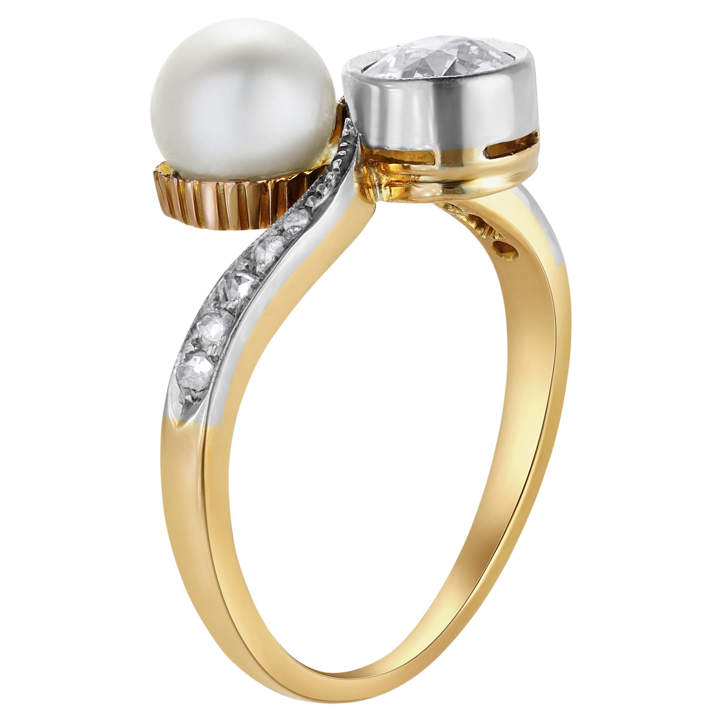 Edwardian Diamond and Pearl Gold Crossover Ring Estate Fine Jewelry For Sale