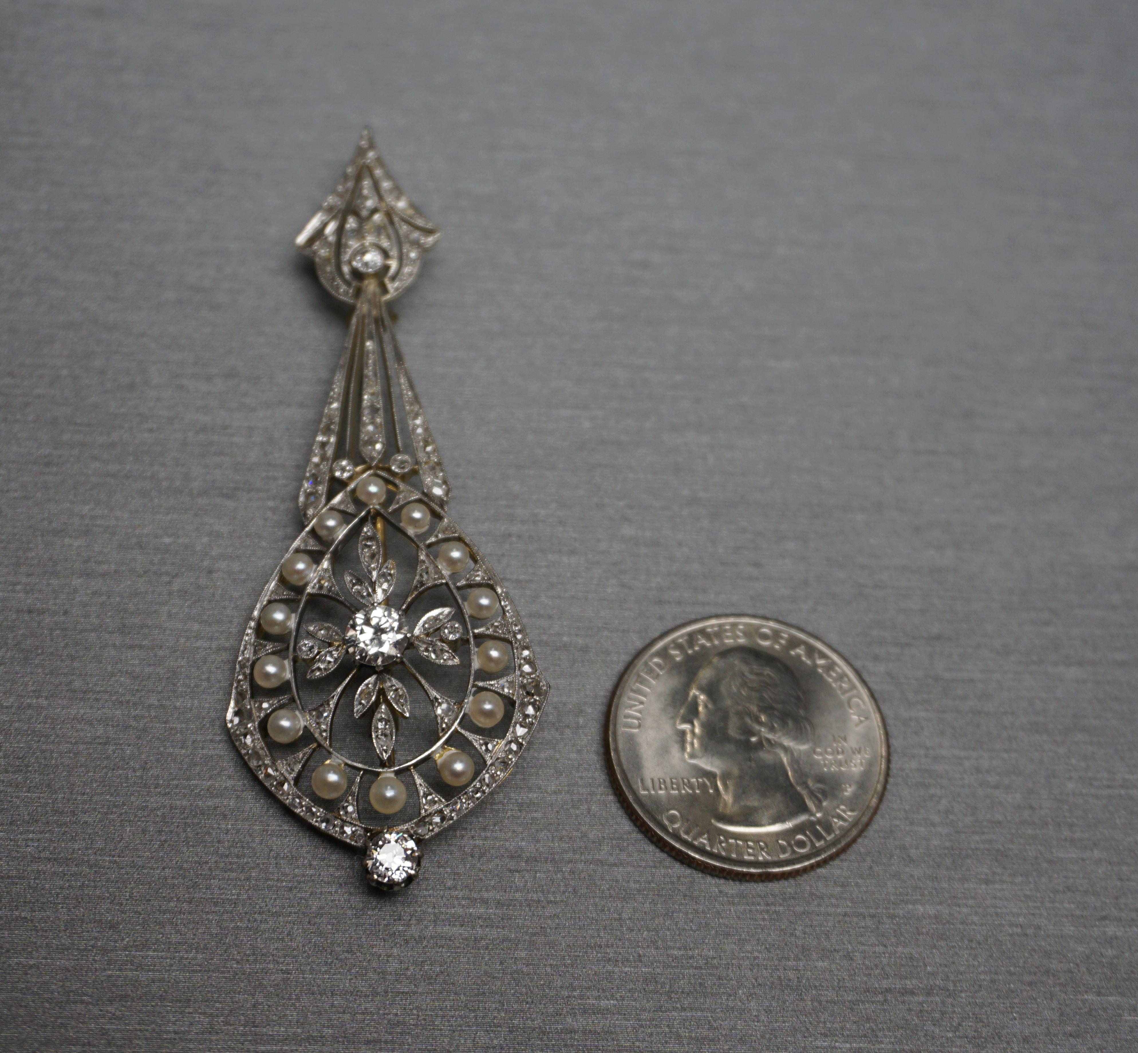 Edwardianische Diamant- und Perlen-Lavalier-Anhänger-Brosche  im Angebot 4