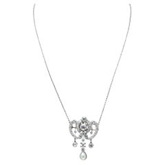 Edwardian Diamond and Pearl Pendant Brooch Necklace, Platinum, 6ct