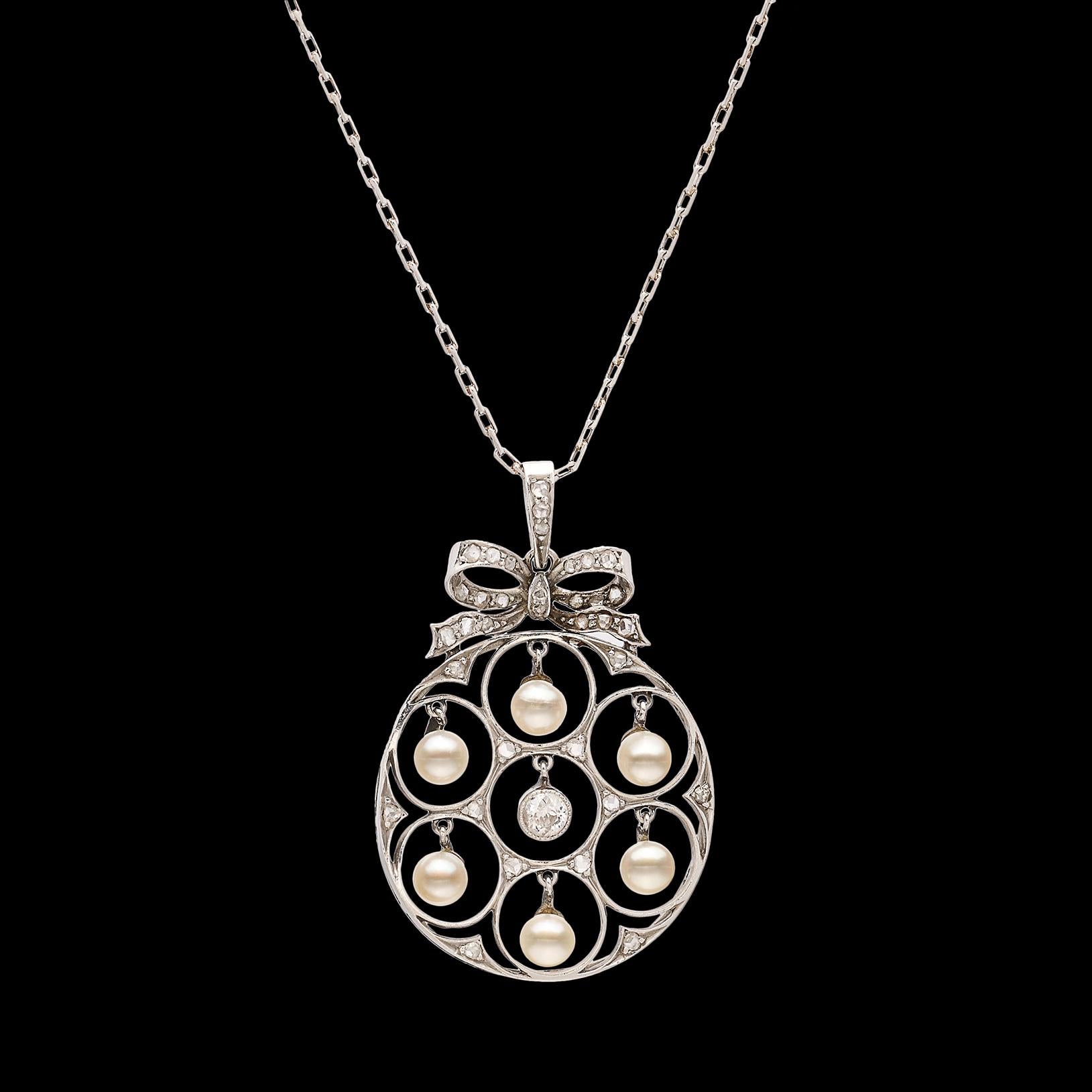 Old European Cut Edwardian Diamond and Pearl Pendant Necklace