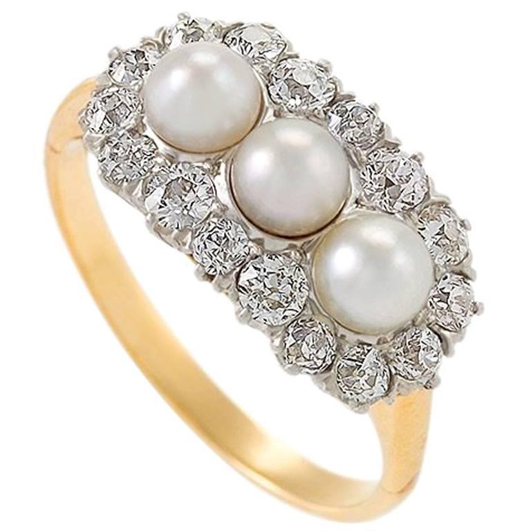Triple Pearl and Diamond Ring  For Sale