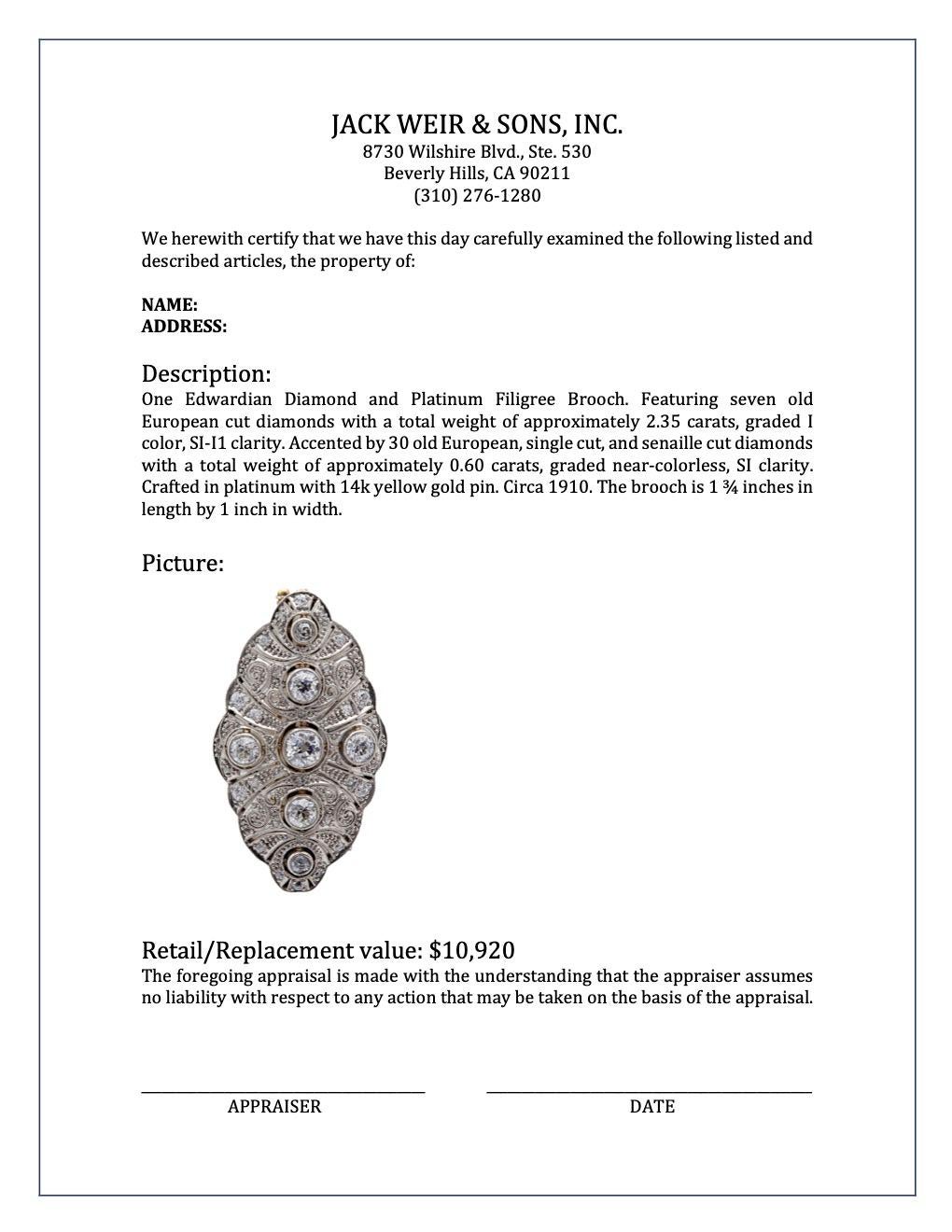 Filigrane edwardianische Brosche aus Platin mit Diamanten im Angebot 1