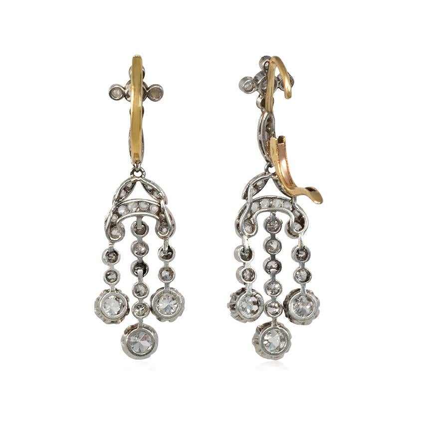 Rose Cut Edwardian Diamond and Platinum Girandole Style Pendant Earrings