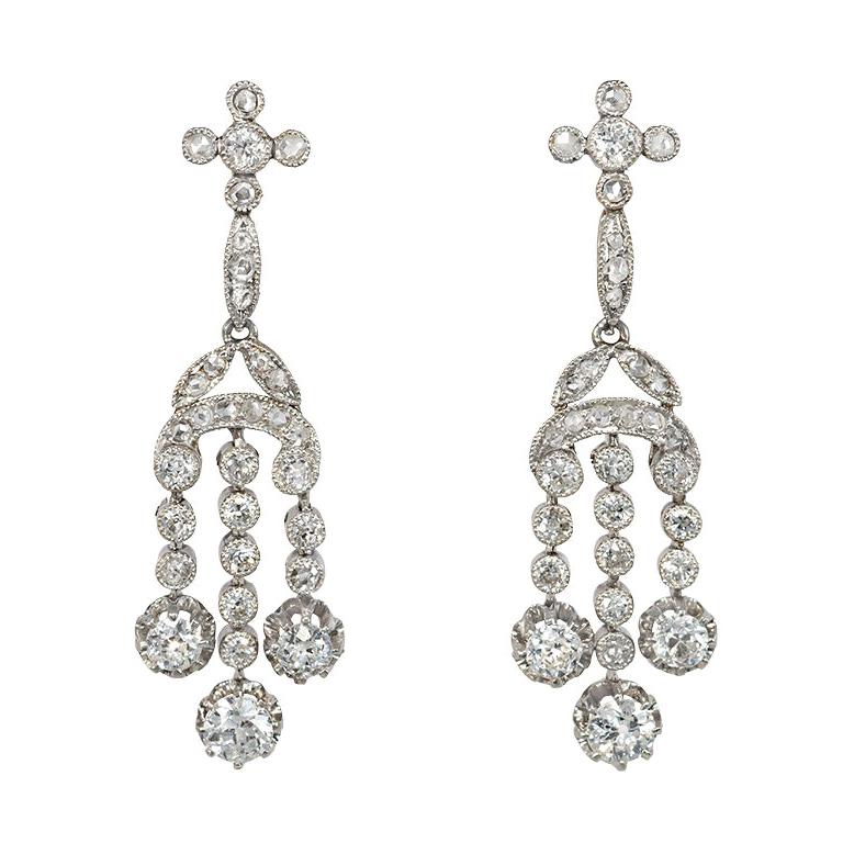 Edwardian Diamond and Platinum Girandole Style Pendant Earrings