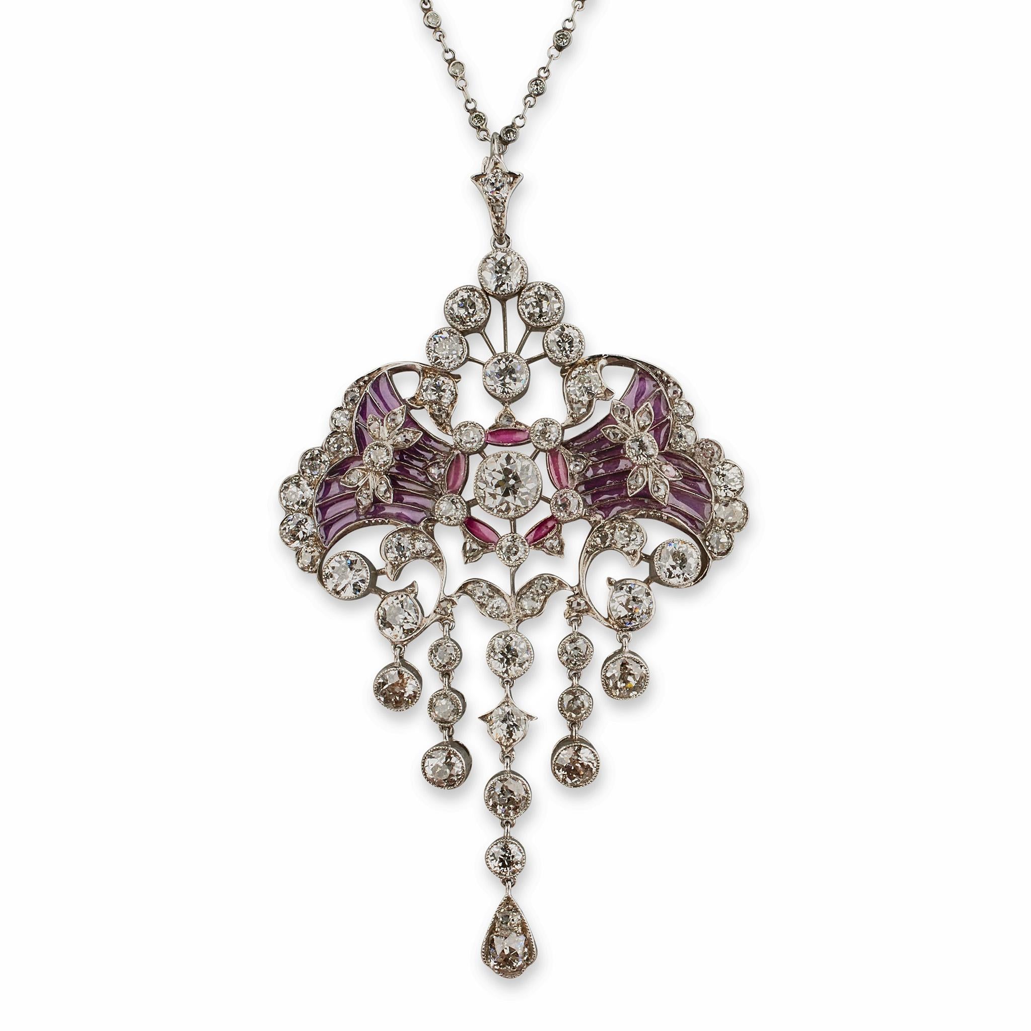 Old European Cut Edwardian Diamond and Plique-à-jour Enamel Pendant Necklace For Sale