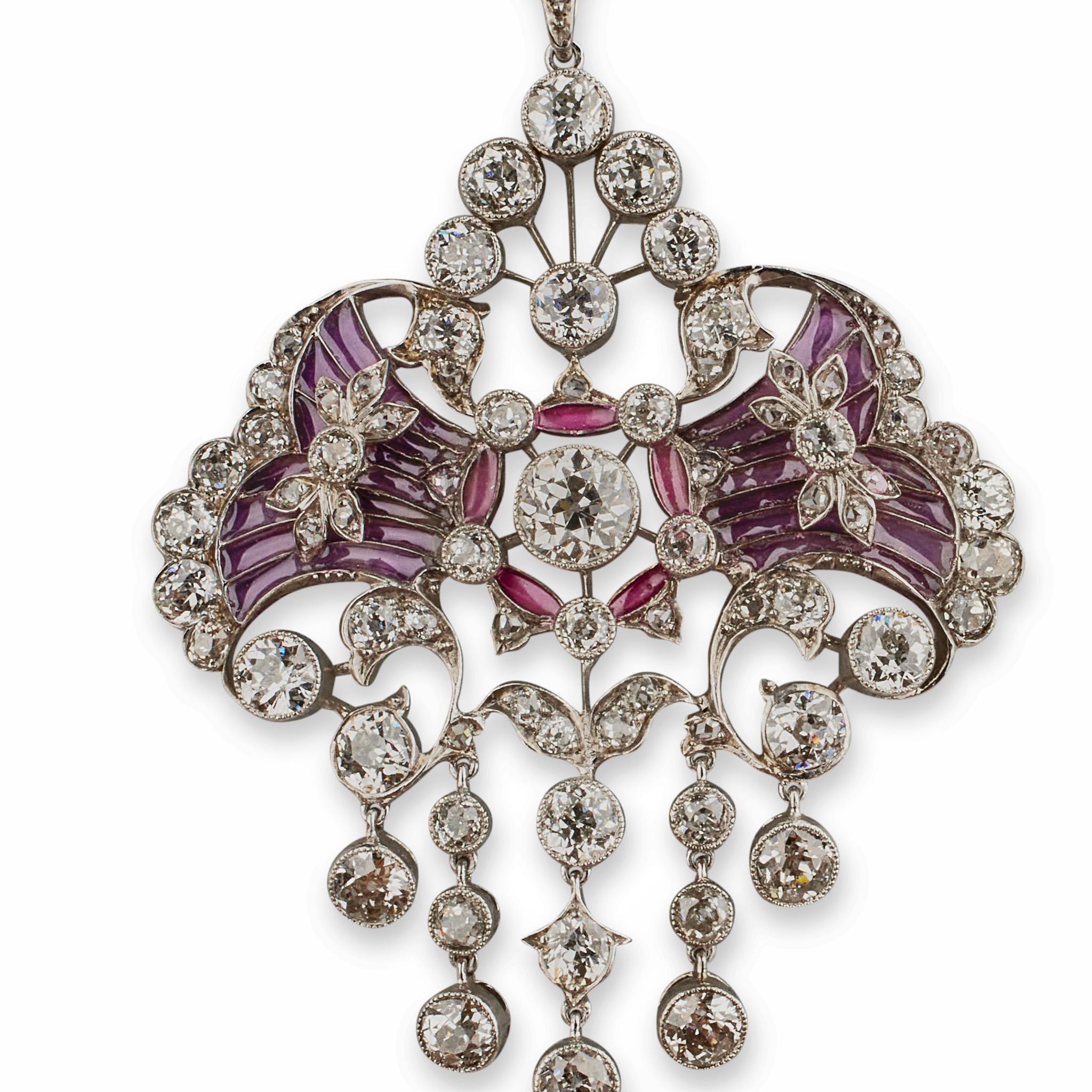 Edwardian Diamond and Plique-à-jour Enamel Pendant Necklace In Excellent Condition For Sale In New York, NY
