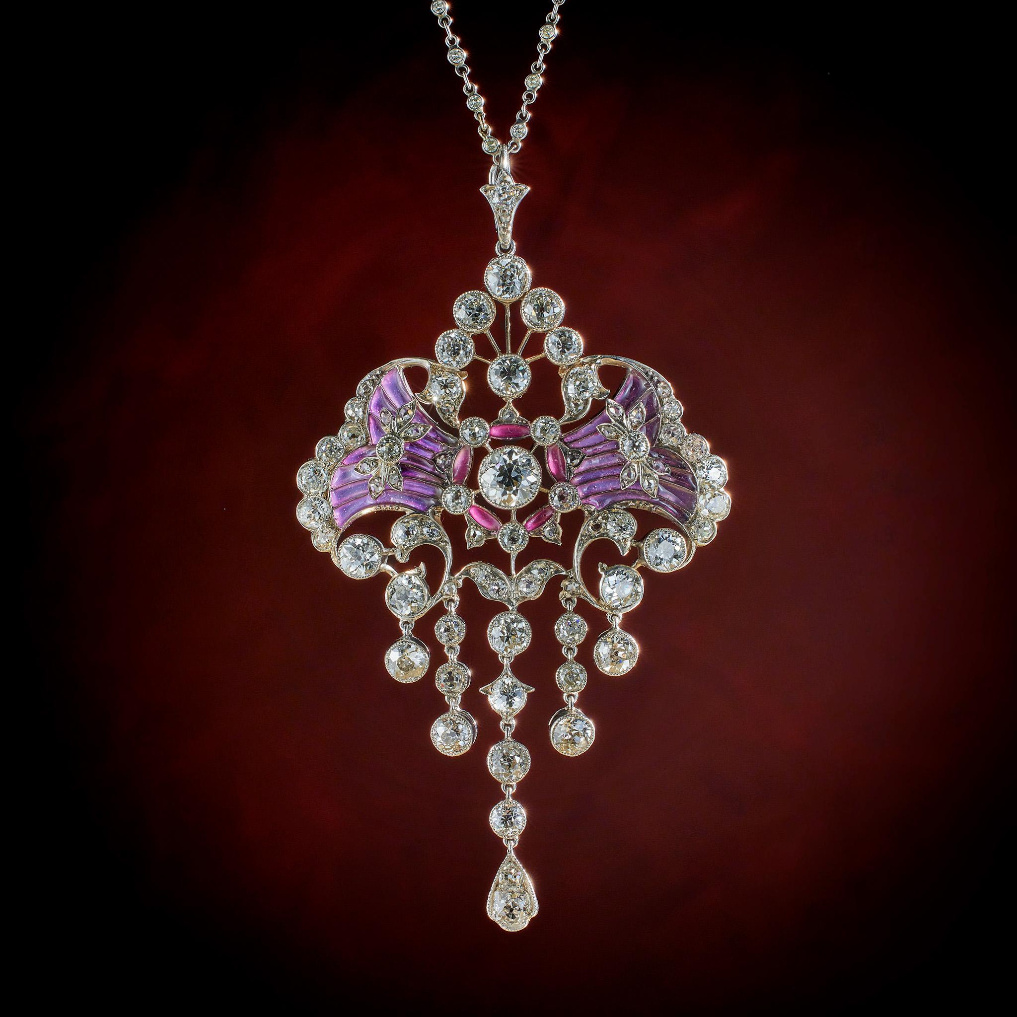 Women's or Men's Edwardian Diamond and Plique-à-jour Enamel Pendant Necklace For Sale