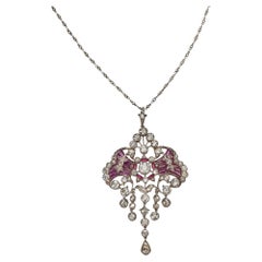 Used Edwardian Diamond and Plique-à-jour Enamel Pendant Necklace