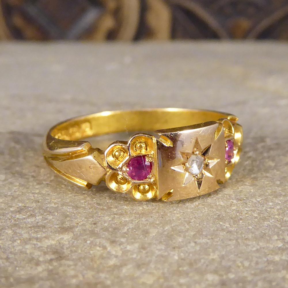 This very crisp and clean Edwardian ring has been very well looked after, hallmarked as created in 1902, proving that jewellery of this quality stands the test of time. This ring has been set with both Rubies and a Diamond to enrich the 18ct Yellow