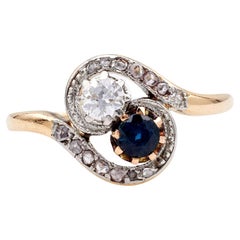 Edwardian Diamond and Sapphire 14k Rose Gold Platinum Toi et Moi Ring