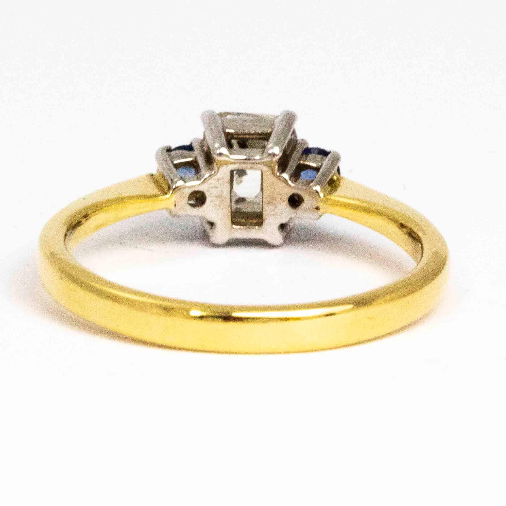 Emerald Cut Edwardian Diamond and Sapphire 18 Carat Gold Three-Stone Ring