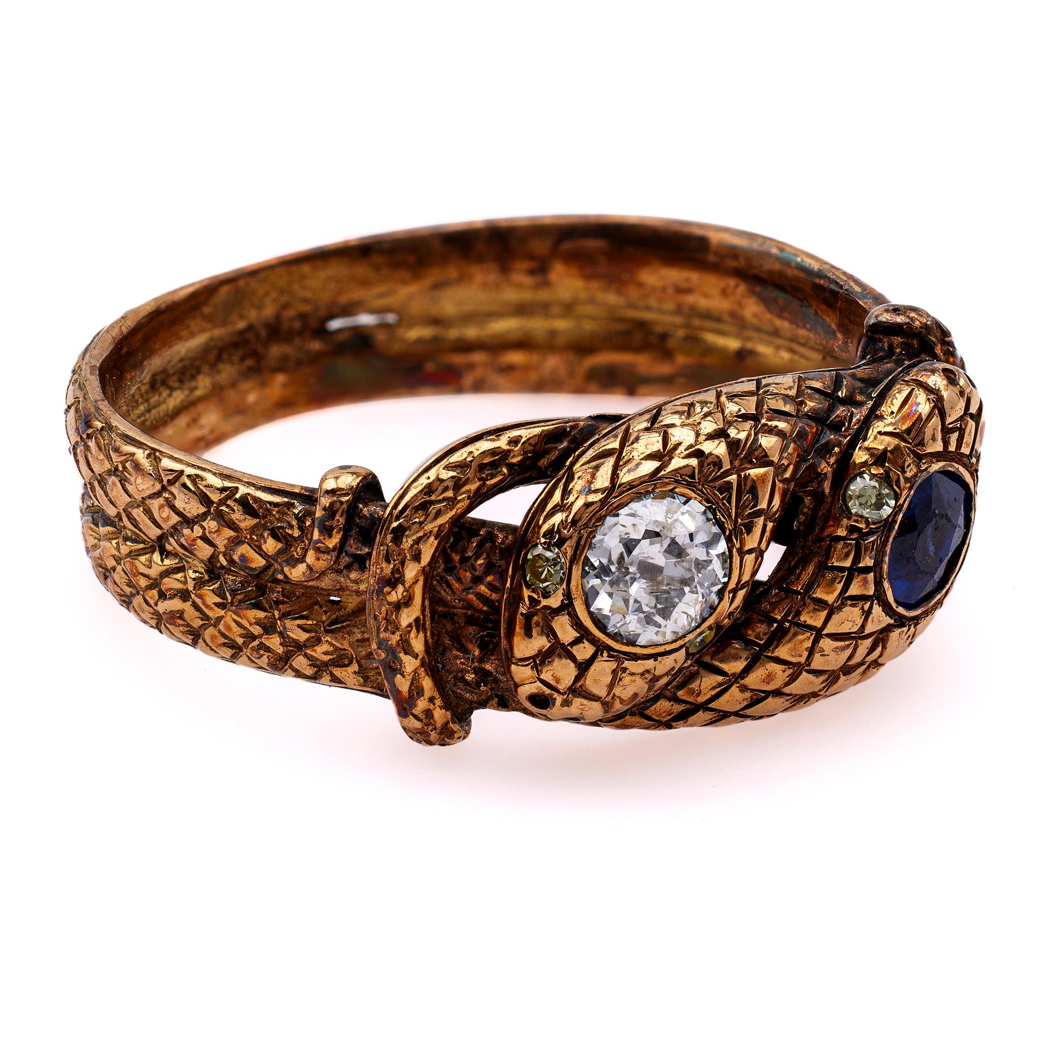 Women's or Men's Edwardian Diamond and Sapphire 18k Rose Gold Twin Snake Ring For Sale