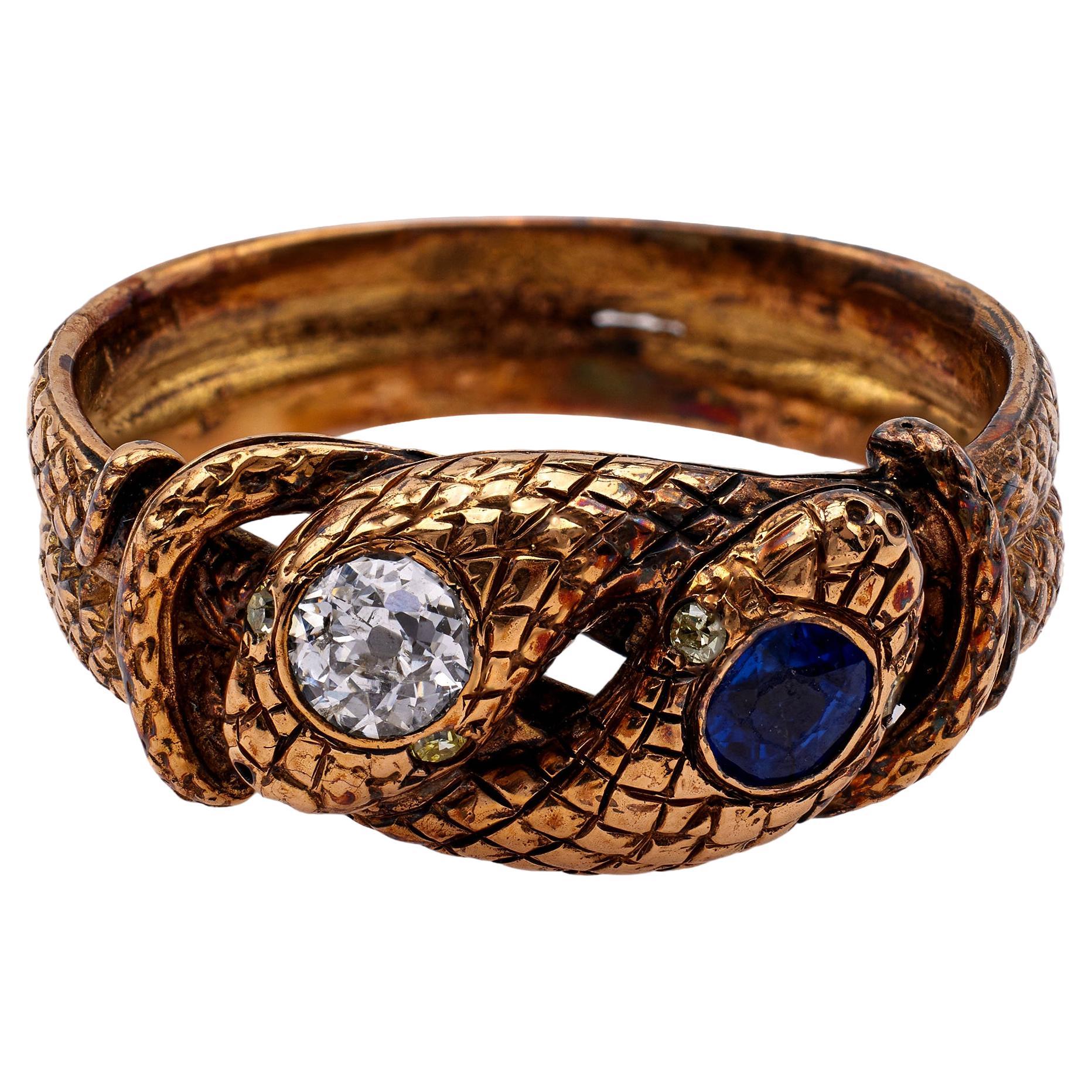 Edwardian Diamond and Sapphire 18k Rose Gold Twin Snake Ring For Sale