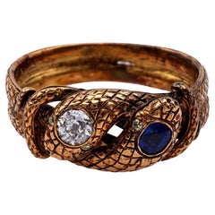 Antique Edwardian Diamond and Sapphire 18k Rose Gold Twin Snake Ring