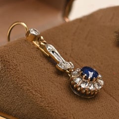 Antique Sapphire Cluster Diamond Dangle Earrings 18K Yellow Gold Fleur De Lis