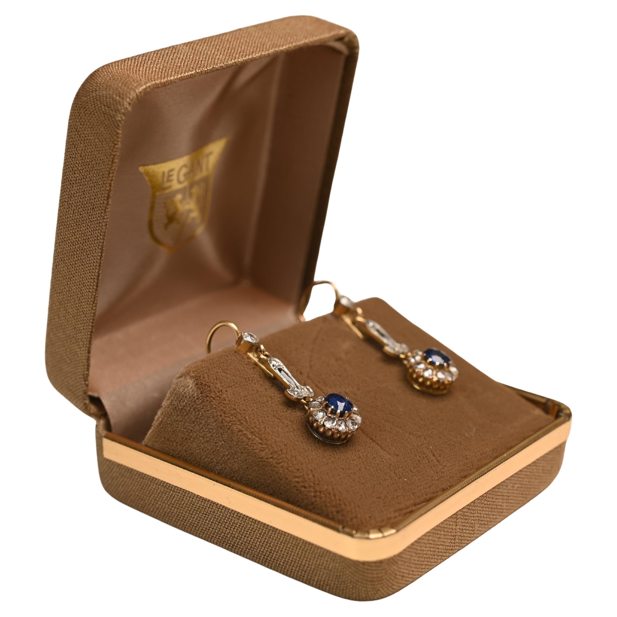 Edwardian Diamond and Sapphire Earrings, Cushion Cut, 18K Yellow Gold For Sale