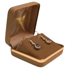 Edwardian Diamond and Sapphire Earrings, Cushion Cut, 18K Yellow Gold