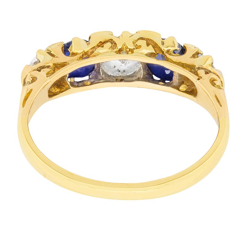 Women's or Men's Edwardian Diamond and Sapphire Five-Stone Ring, circa 1910