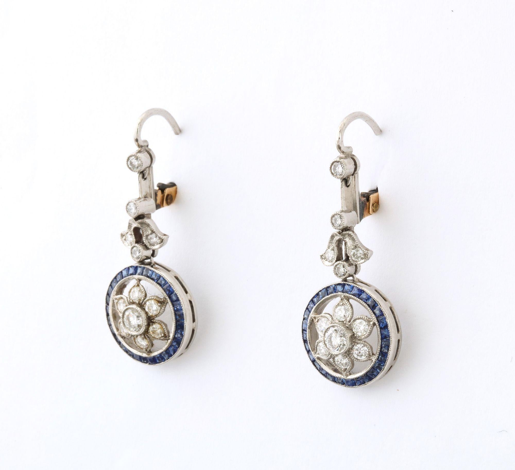 Old European Cut Edwardian Diamond and Sapphire Platinum, and Gold Earrings
