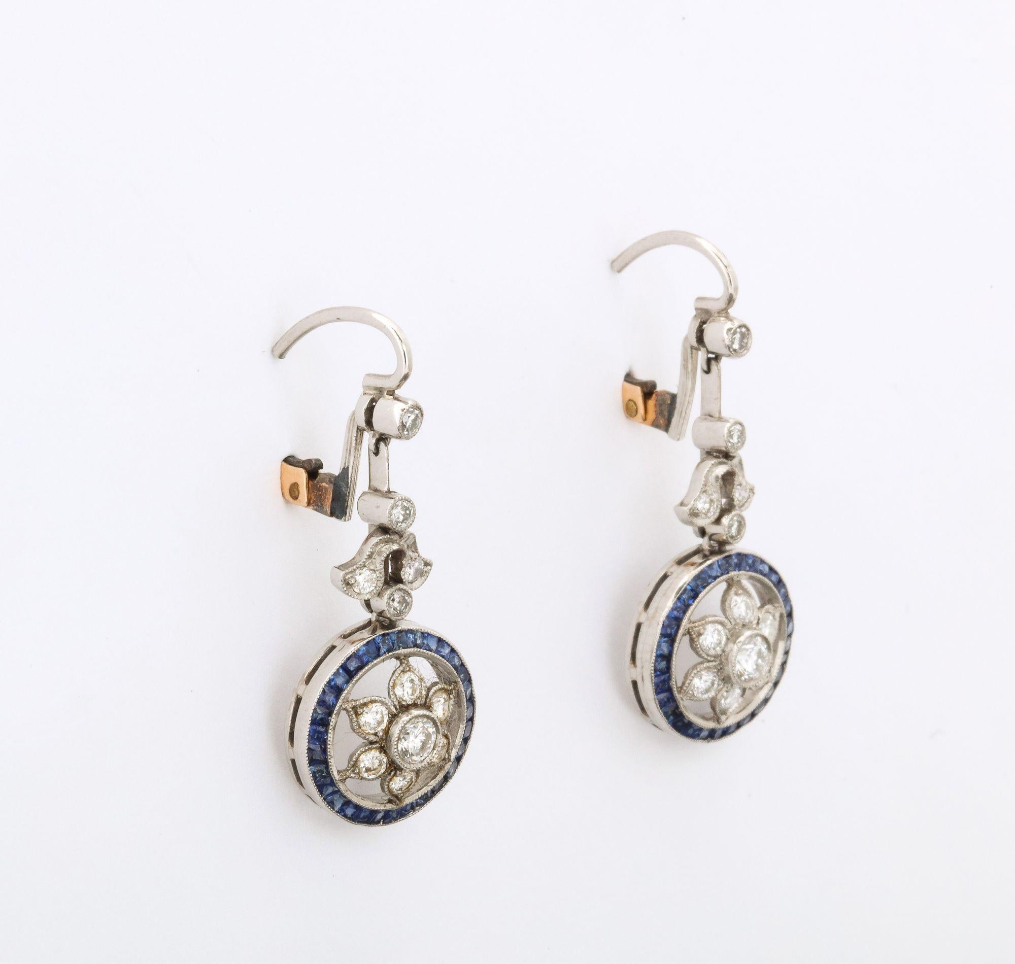Edwardian Diamond and Sapphire Platinum, and Gold Earrings In Good Condition In New York, NY