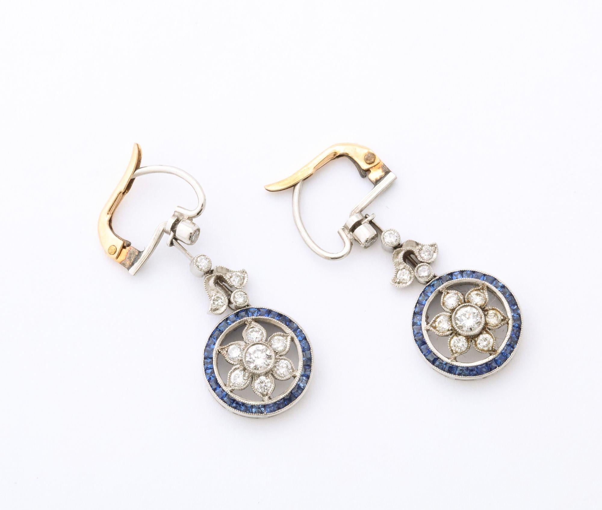 Women's Edwardian Diamond and Sapphire Platinum, and Gold Earrings