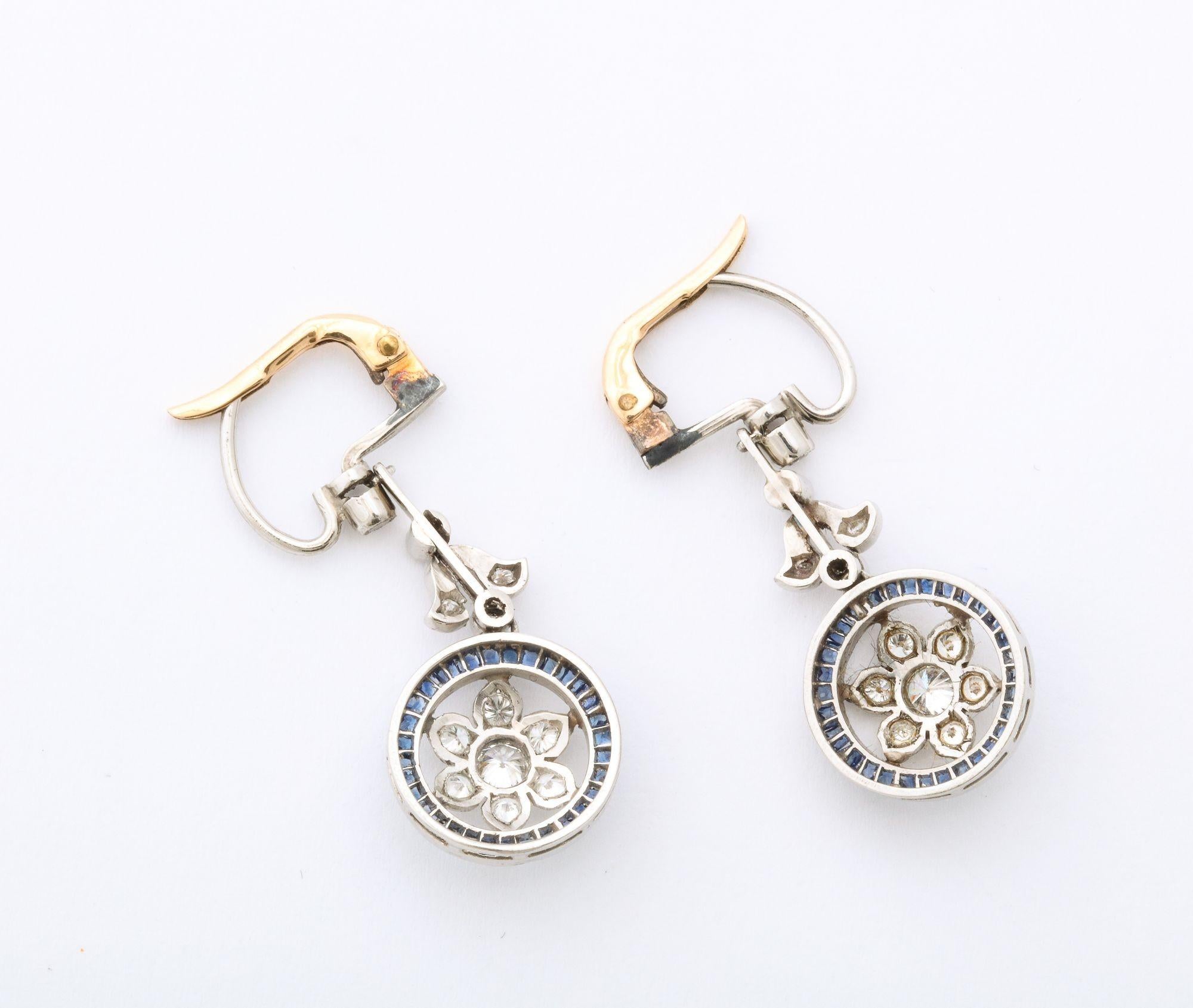 Edwardian Diamond and Sapphire Platinum, and Gold Earrings 1