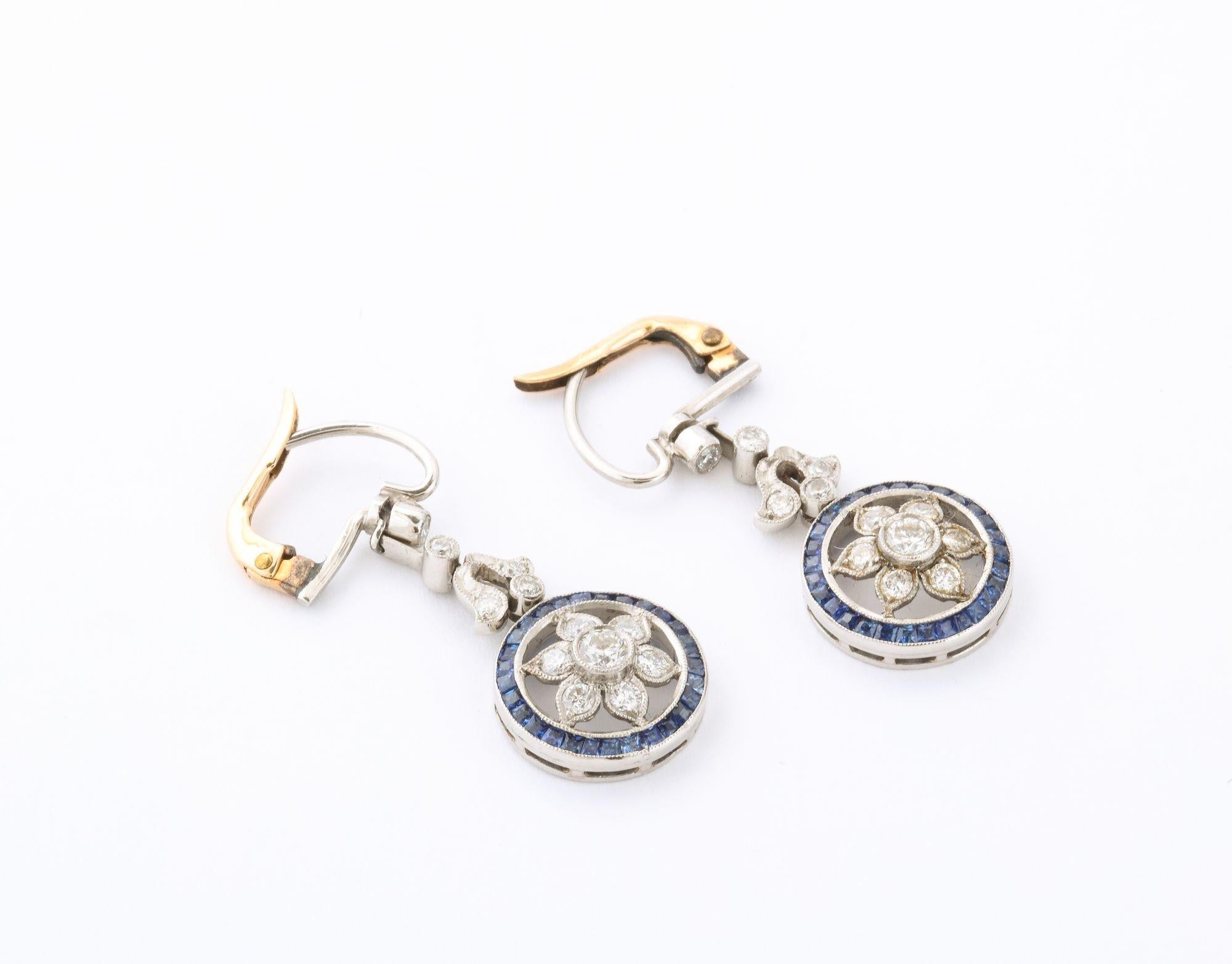 Edwardian Diamond and Sapphire Platinum, and Gold Earrings 2