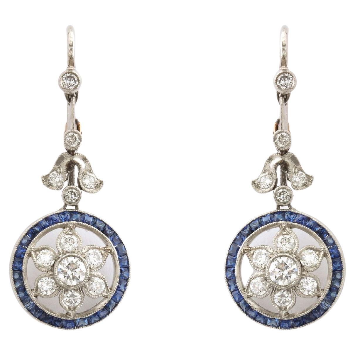 Edwardian Diamond and Sapphire Platinum, and Gold Earrings
