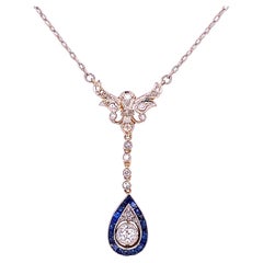 Antique Edwardian Diamond and Sapphire Platinum on Gold Necklace Estate Fine Jewelry