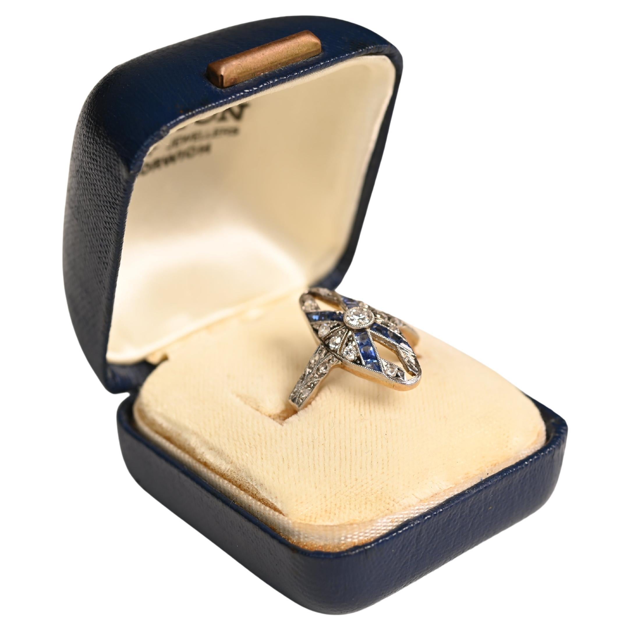 Edwardian Era Elongated Platinum Ring. Diamond Sapphire Accent 18K Yellow Gold For Sale